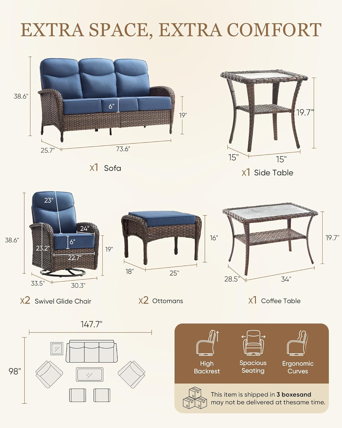 Belord Upgraded 6“ Cushion Luxury Patio Furniture Set - 7 Piece Wicker Furniture Set, Comfort Outdoor Couch and High Back Swivel Rocker Patio Chairs, Conversation Set for Deck Porch - Brown/Blue