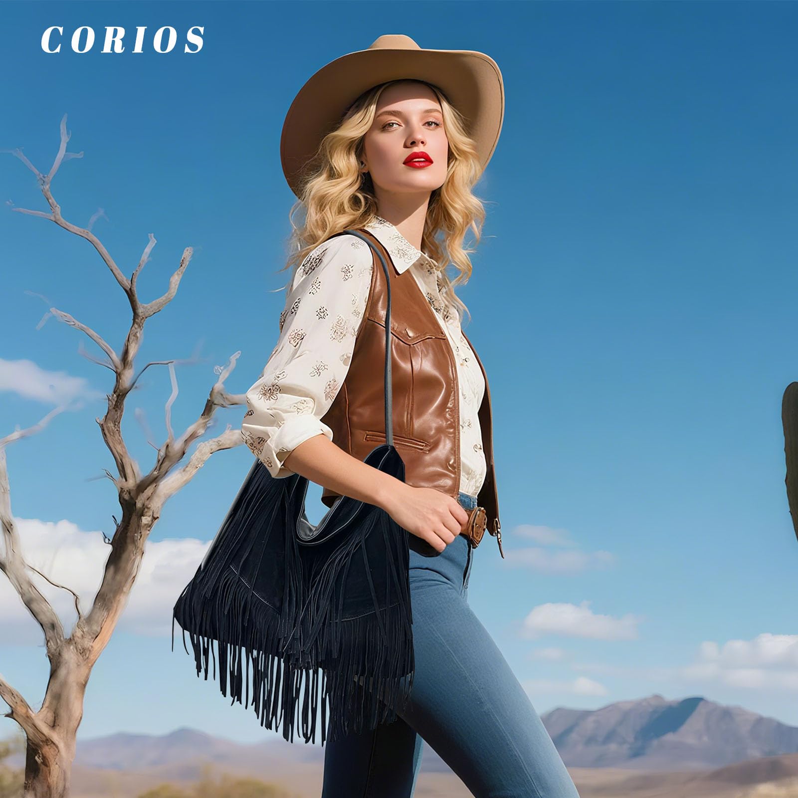 CORIOS Borsa a Mano Donna con Frange Stile Boho in Ecopelle Scamosciata PU PelleBorsa a Tracolla e Spalla Moda Borsa Messenger Nero