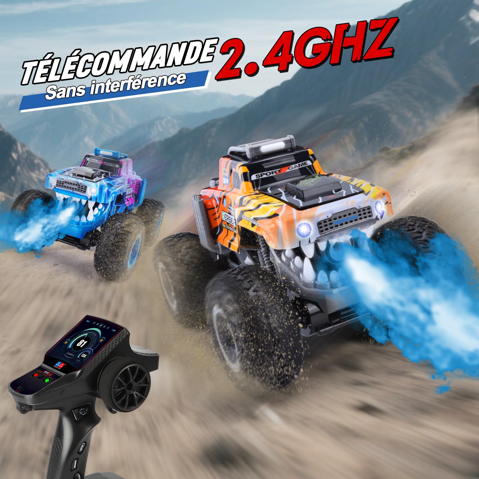 Charmofun Monster Truck Telecommande 1:12, 360° Rotation Dinosaure Voiture Télécommandée Tout Terrain, 2,4GHz RC Monster Truck avec Brume de Pulvérisation, Musique et Lumières LED pour Enfants