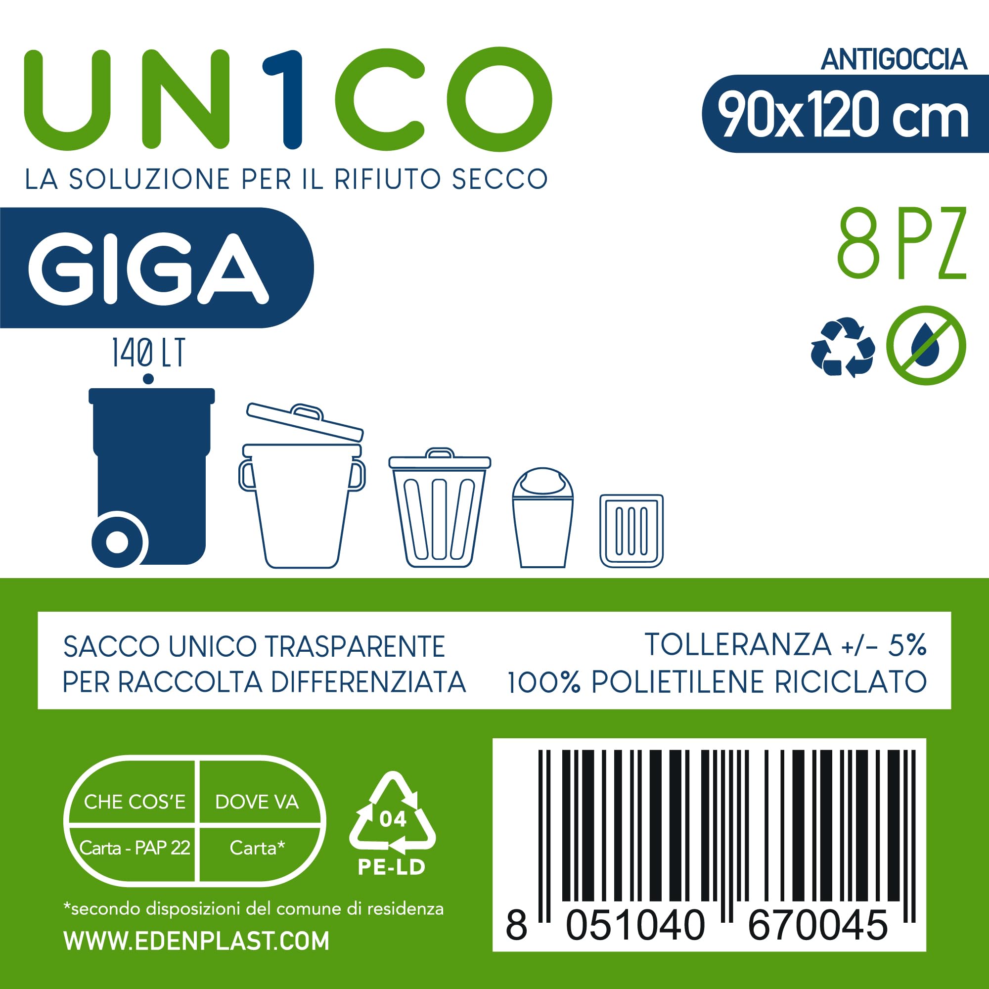 UN1CO GIGA Sacchi Spazzatura Trasparenti 140L - 90x120 cm – Sacchi Raccolta Differenziata Rifiuto Secco - Antigoccia - Polietilene Riciclato - 13 Rotoli da 8 sacchi