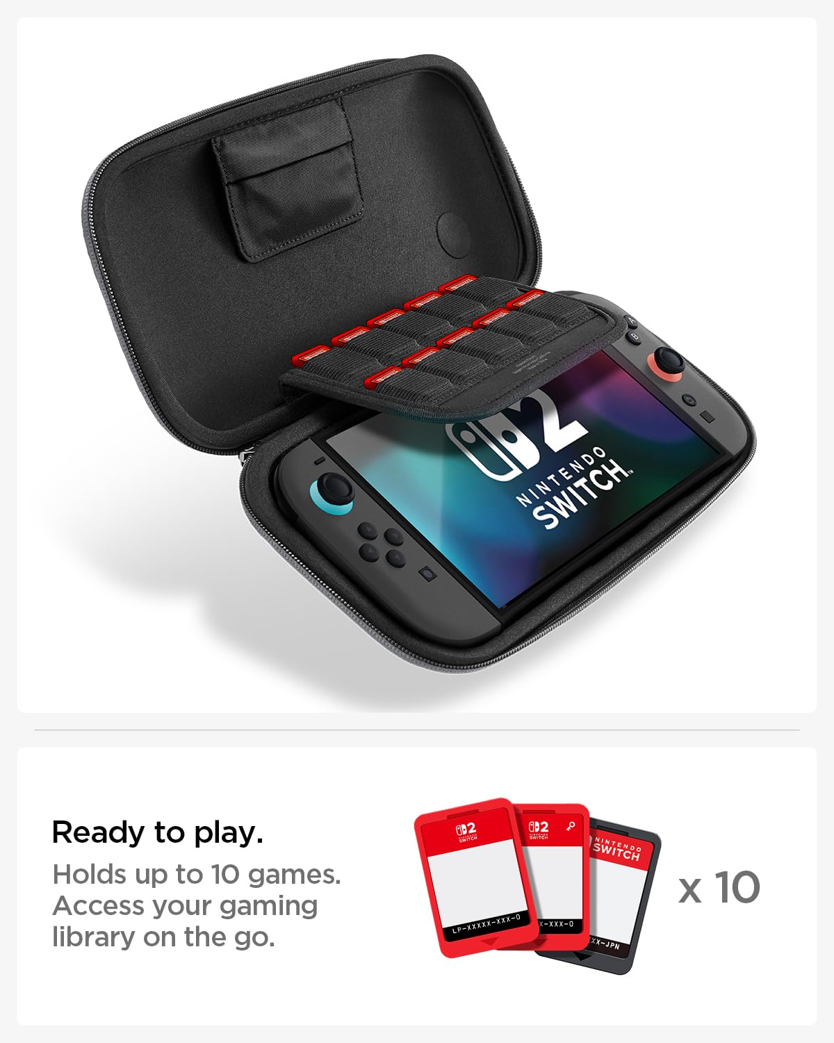 Spigen Slim Carrying Case for Nintendo Switch 2 (2025), Protective Hard Shell Travel Case with Accessory Pockets and 10 Game Cartridge Slots, Portable Storage Pouch – Charcoal Gray - Image 4