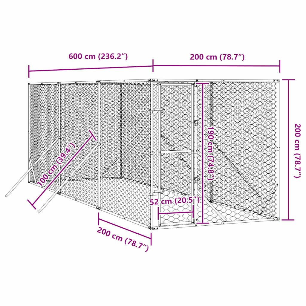 Ocynkowane metalowe legowisko dla psa 2 x 6 x 2 m, zewnętrzne legowisko dla psa z zamkiem, klatka ze stali ocynkowanej dla kur królików, sucha i wentylowana konstrukcja siatki