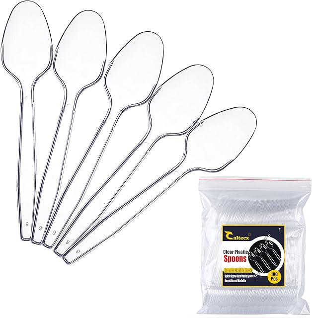 Caltecx 100 Clear Plastic Spoons | Reusable Spoons for Indoor and Outdoor Parties