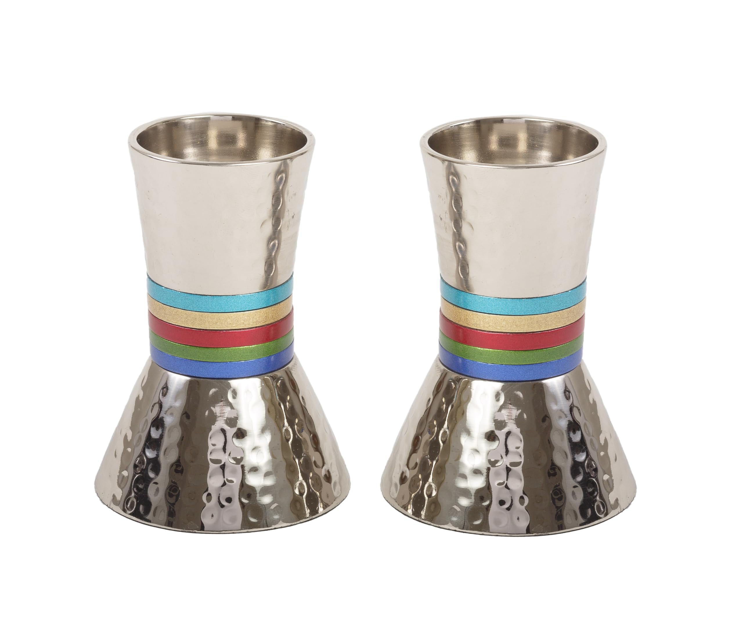 Yair Emanuel Multi Color,Red Candlesticks Hammered Metal Designed With Colored Rings 4" By Artist (Multi Color Rings)