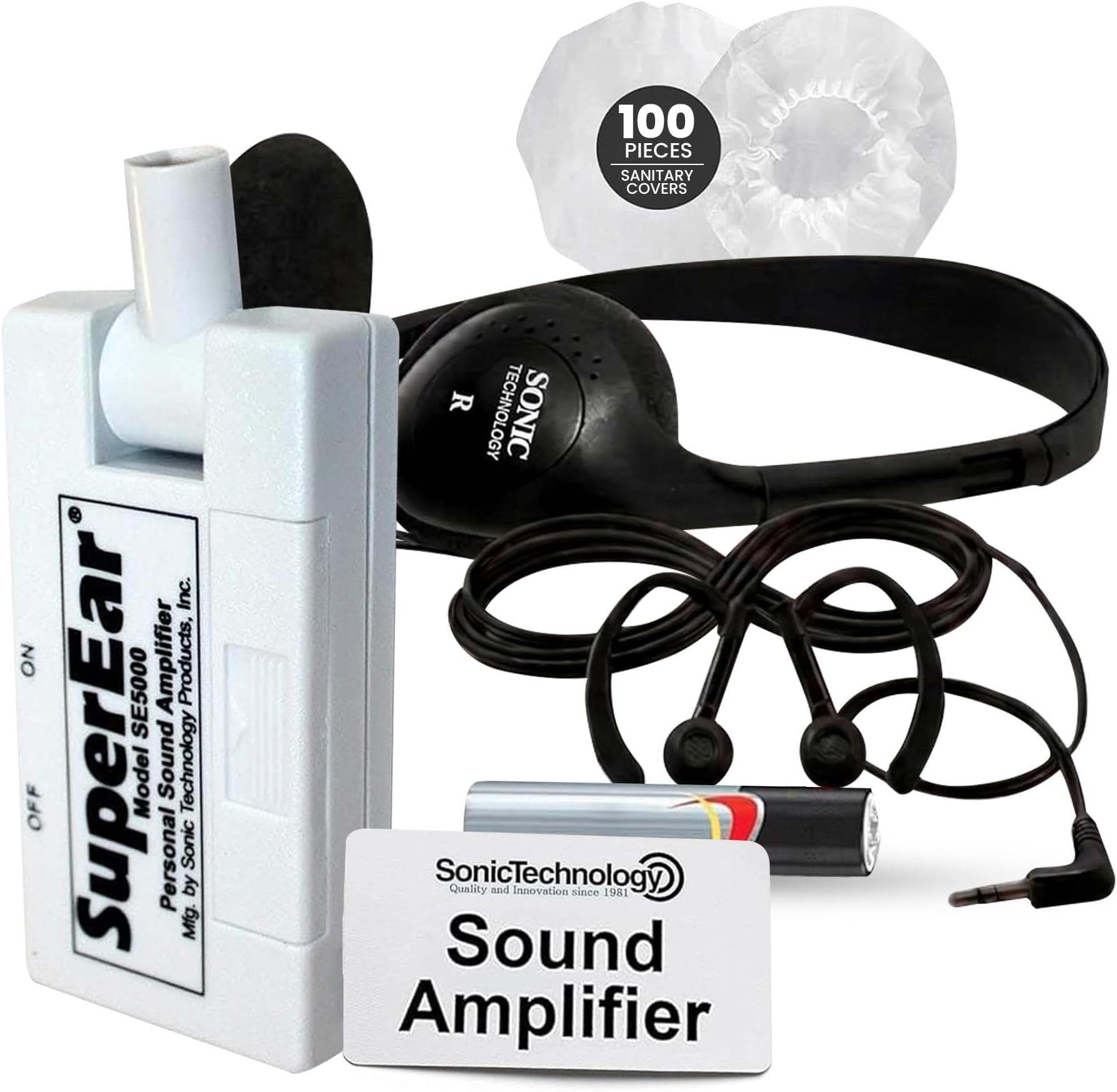 Personal Hearing Amplifier SE5000 and Earbuds Bundle - 50 Pair Ear Covers