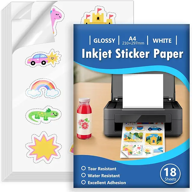 18 Blätter A4 Stickerpapier zum Selbst Drucken - Glänzend, Wasserdicht, Inkjet-kompatibel