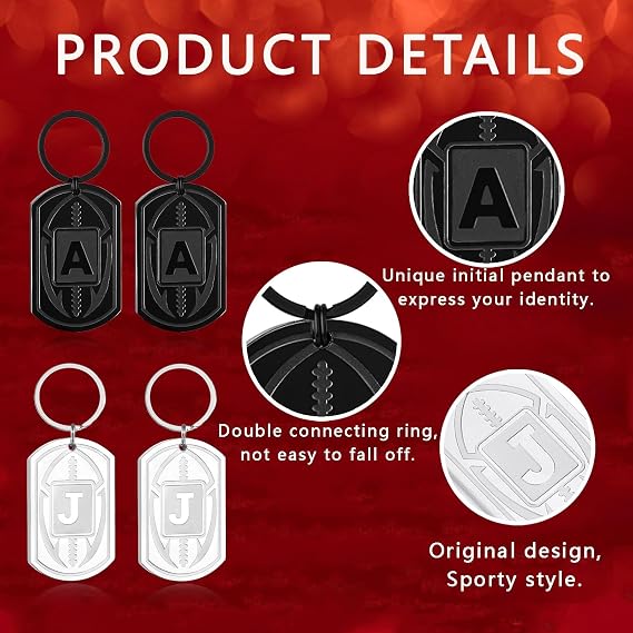 Football Initial Keychain for Men, Dog Tag Keychain Gifts for Men Team Fan