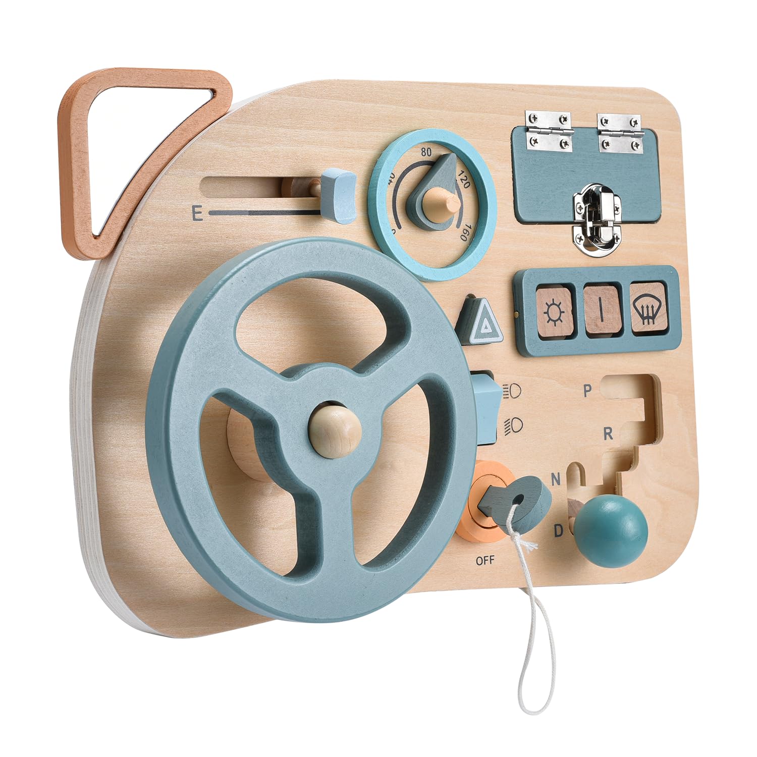 KEU Car Toddler Busy Board – Montessori Busy Boards for Boys & Girls – 10-in-1 Wooden Sensory Board with Steering Wheel, Locks, Keys, and Gears –