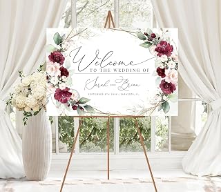 Editable Burgundy Wedding Welcome Sign Template, Burgundy Blush Floral & Greenery Gold Welcome Wedding Shower Sign Stand, Personalized Greenery Welcome Sign Custom Design, Wedding Decor, Plastic Sign, Wedding Sign for Reception