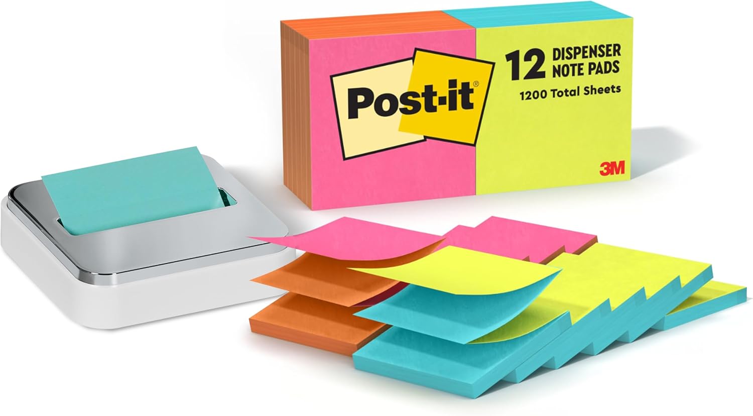 Bundle of Post-it Note Dispenser, White Base with Steel Top, and Post-it Pop-up Notes, 3 in x 3 in, 1 Pad in Aqua Splash, 12 Pads in Alternating Colors, Poptimistic Collection