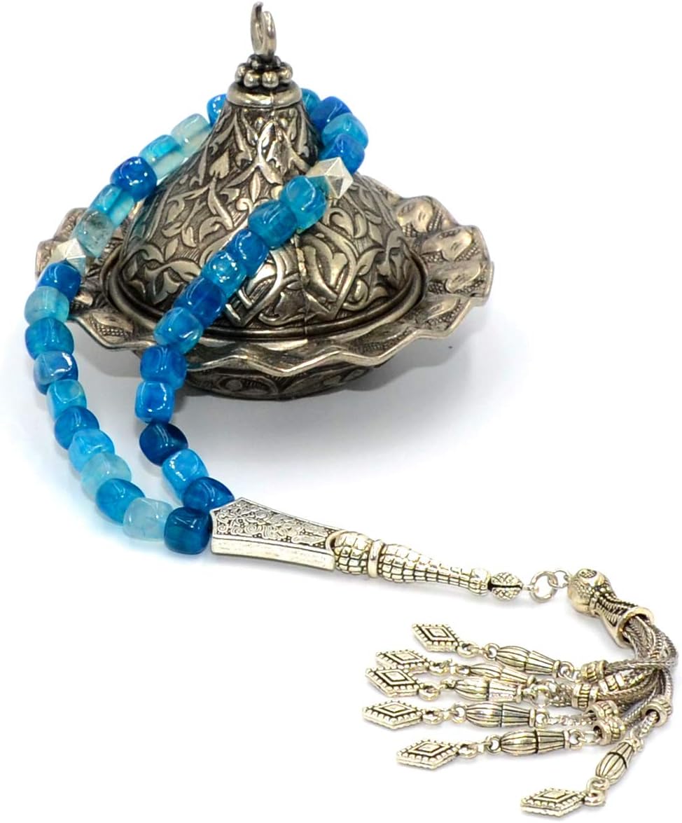Design Square Agate Collection Worry Prayer Beads (8 mm-33 Beads) Tesbih-Tasbih-Tasbeeh-Misbaha-Masbaha-Subha-Sebha-Sibha-Rosary (Blue Agate Stone)