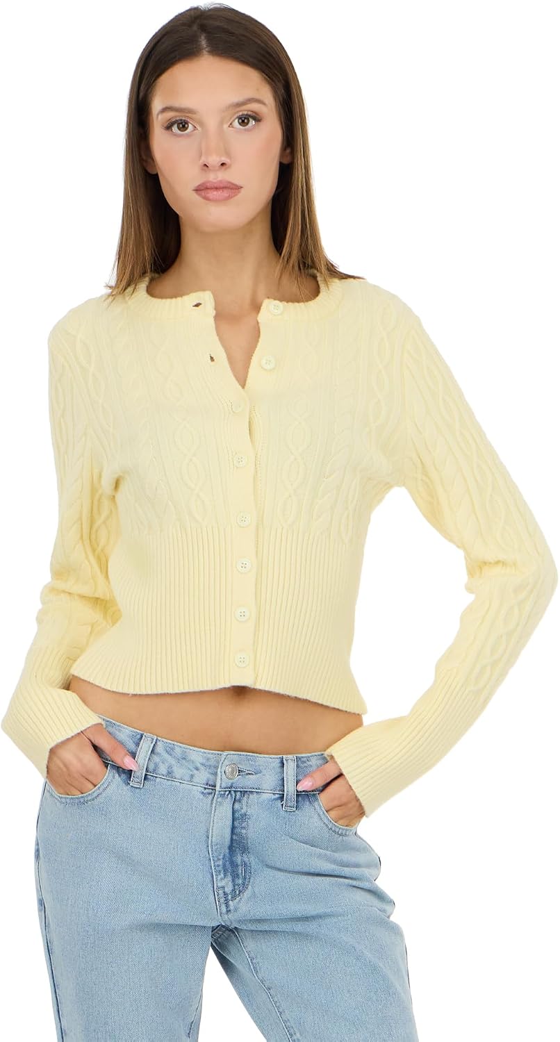 Forever 21 Women’s Cable Knit Fitted Cardigan – Classic Long Sleeve Button Front Sweater for Everyday Layering