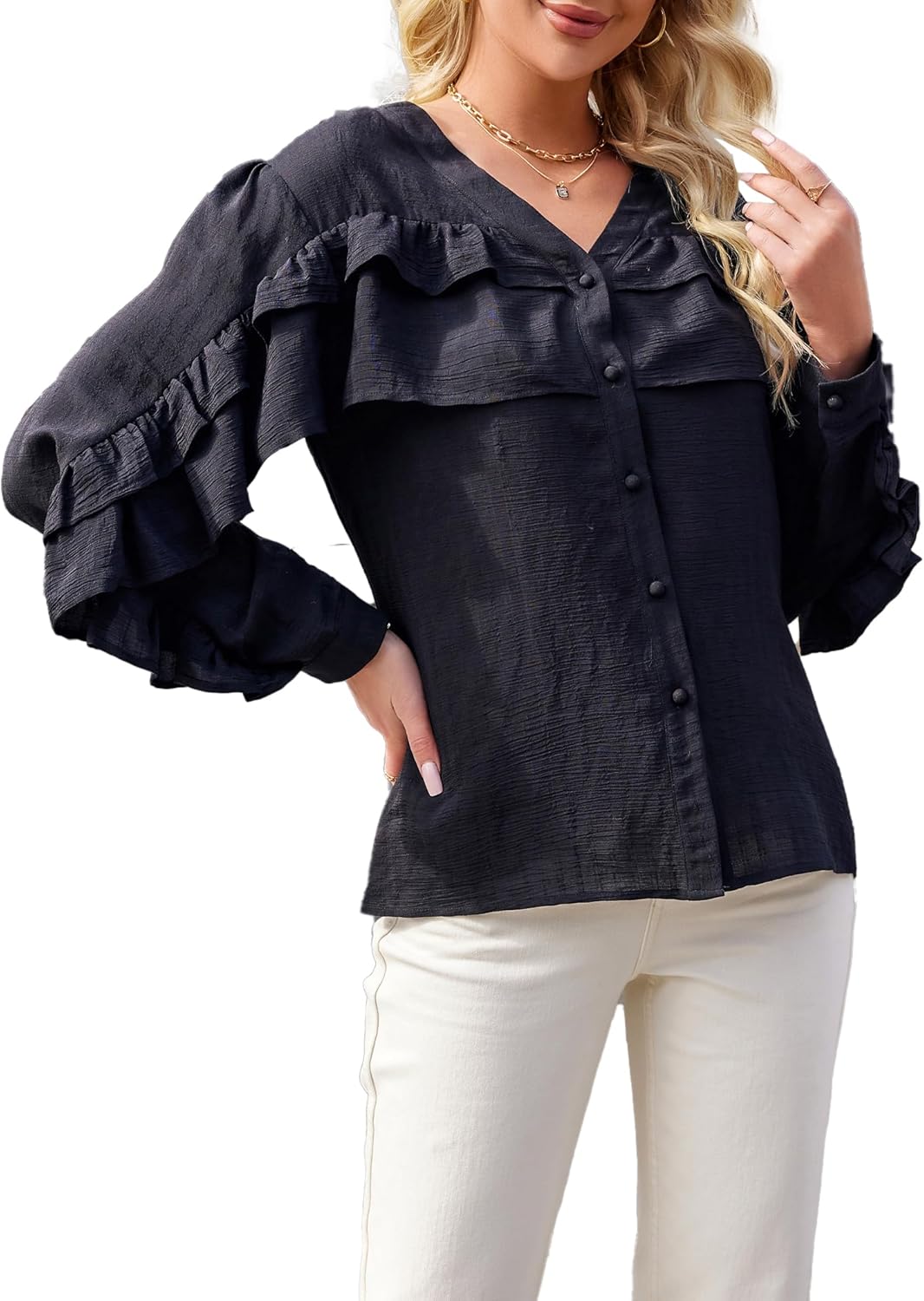 SDEER Women's Ruffle Button Down Shirt Blouses V Neck Pure Color Long