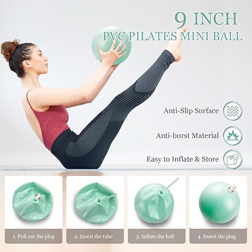 Miniatura 6 de Juego de 9 anillos de pilates, anillo de yoga de círculo mágico, pelota de pilates, 2.2 libras x 2 mancuernas, bandas de resistencia, cinta métrica,