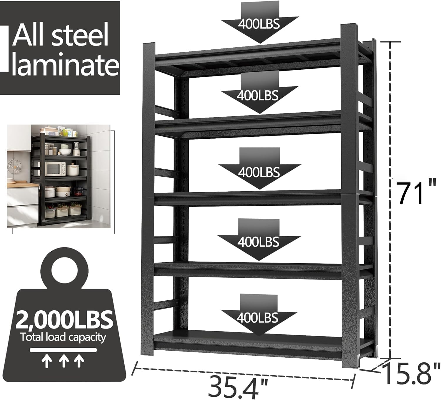 5-Tier Metal Bookshelf,Adjustable Shelves with Guardrails,Standing Bookcase,Heavy-Duty Book Shelving Unit,for Living Room Home Office,Black(71" H x 35.4" W x 15.8")