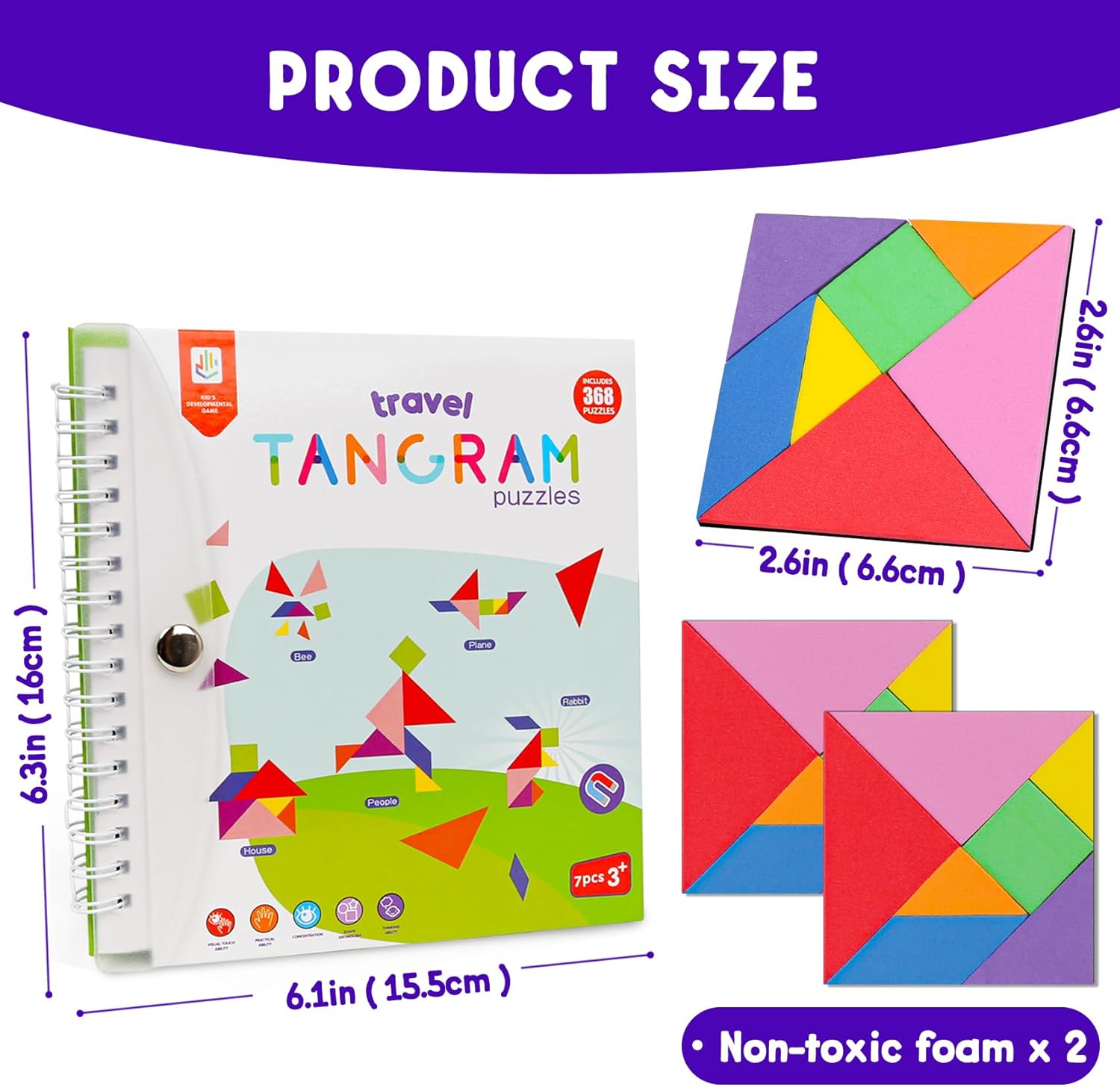 Travel Tangram Puzzle with 2 Sets Magnetic Jigsaw Boards & 368 Patterns and Solutions, Montessori STEM Airplane & Road Trip Games, Educational Brain Teaser Toy Gift for Kids & Adults - Image 4