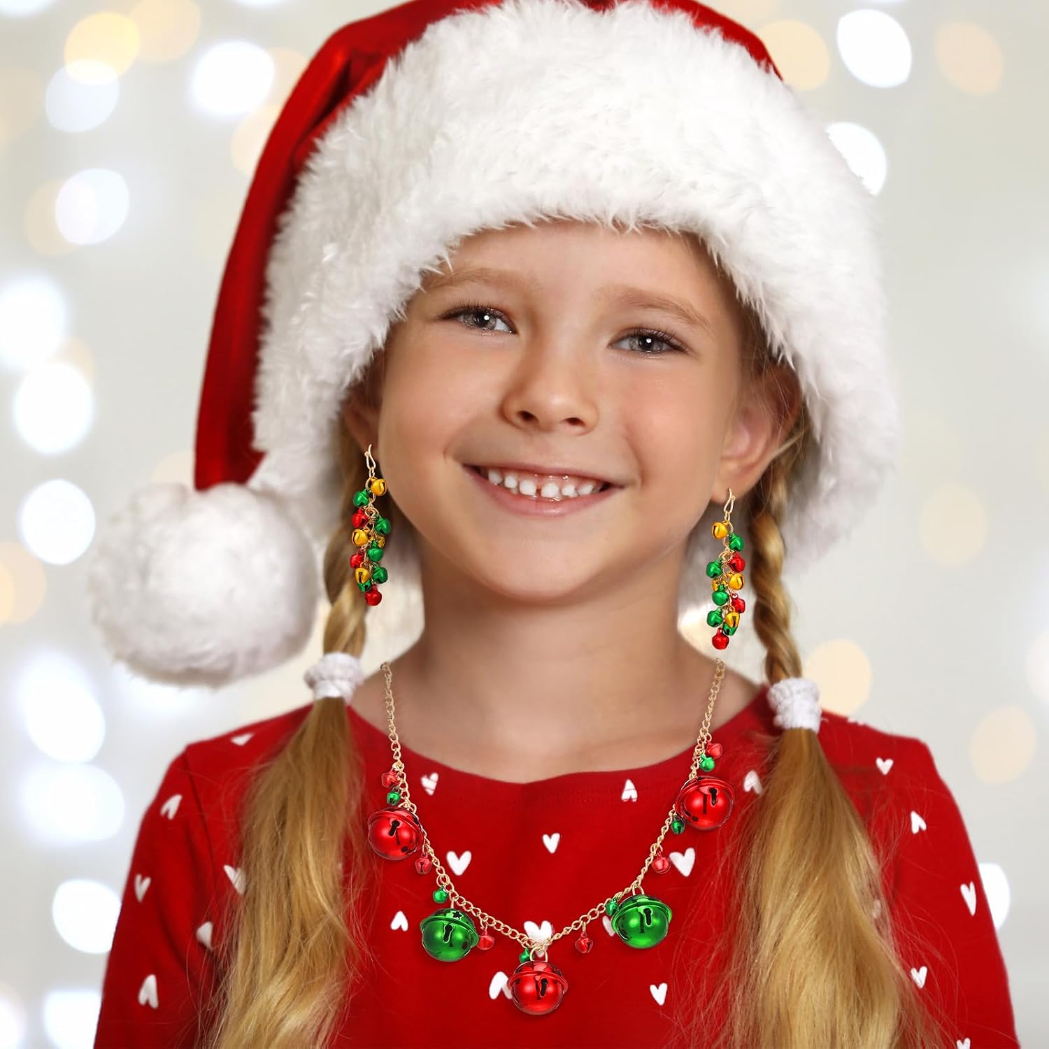 Quelay 8 Pcs Christmas Bell Jewelry Set for Women Red Green Gold Jingle Bell Necklace, Dangle Earrings, Bracelet for Christmas Wedding Bride Jewelry Gift
