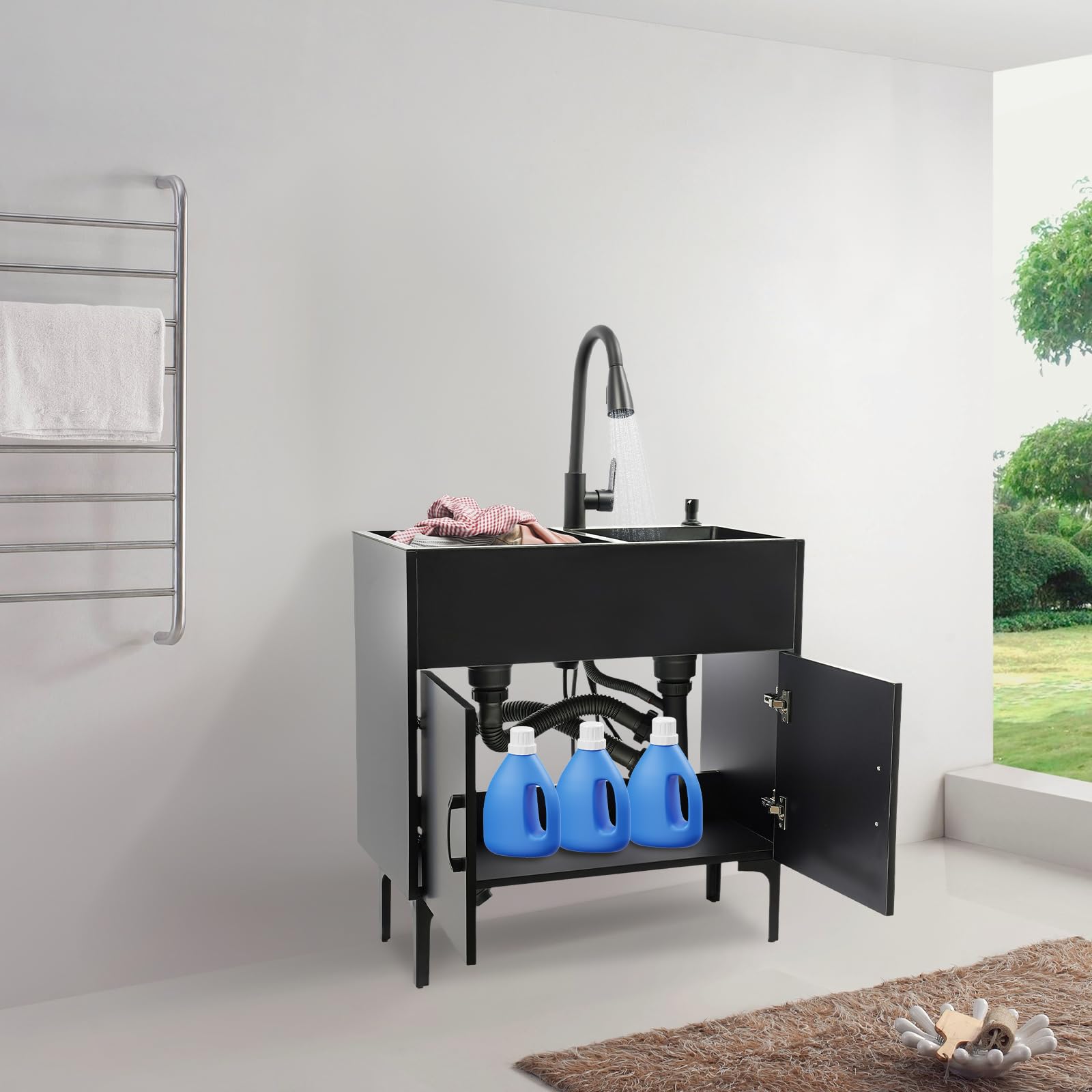 Lavello da cucina indipendente, in acciaio inox con base e rubinetto estraibile, set di lavandini mobili doppio per ristorante, cucina domestica