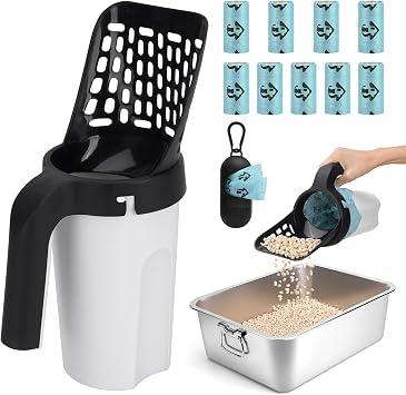 Cat Litter Scooper with Holder, Cat Litter Shovel with Bags &Waste Can | Upgraded Cat Scooper with Extra 135 Count Litter Waste Bags, Large Capacity Portable Litter Shovel