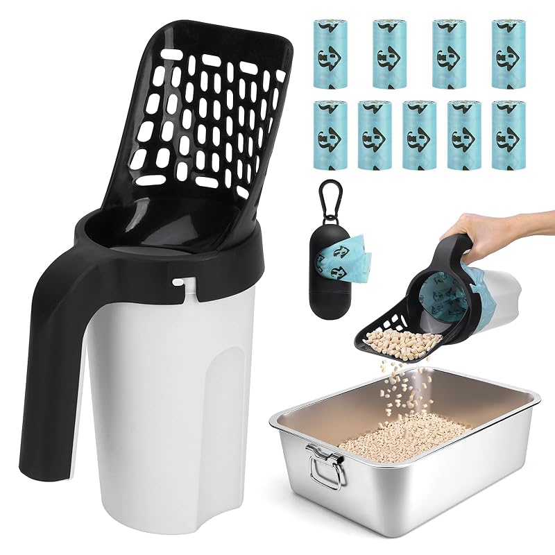 Pá para Caixa de Areia de Gatos com Suporte e Dispenser de Sacos MYPIN PET0222B, 135 Sacos