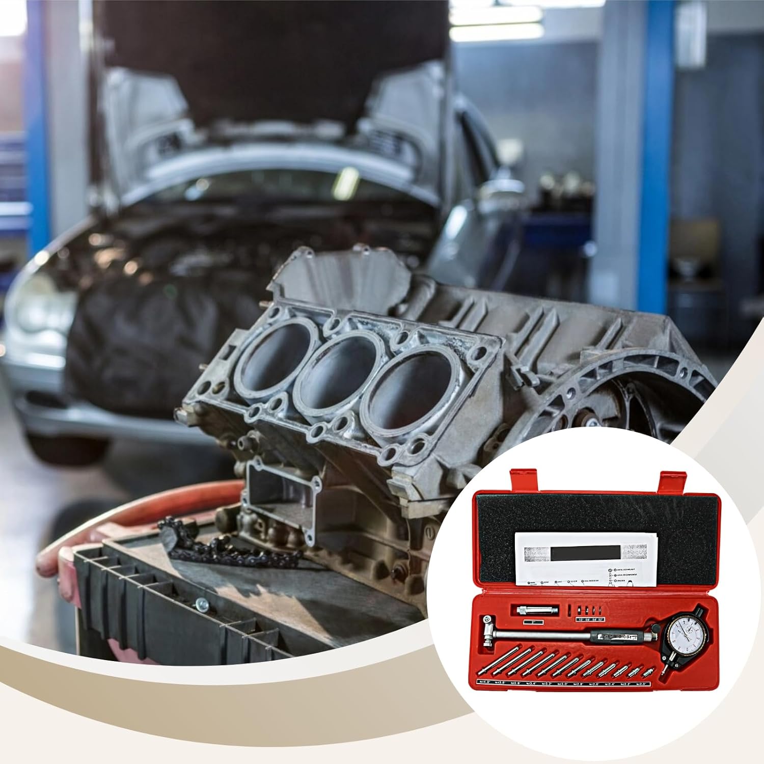 Cylinder Bore Gauge With Mechanical Dial Face, Precision 0.001, Includes Calibration Rods, Abs Storage Case, Multiple Extension Probes