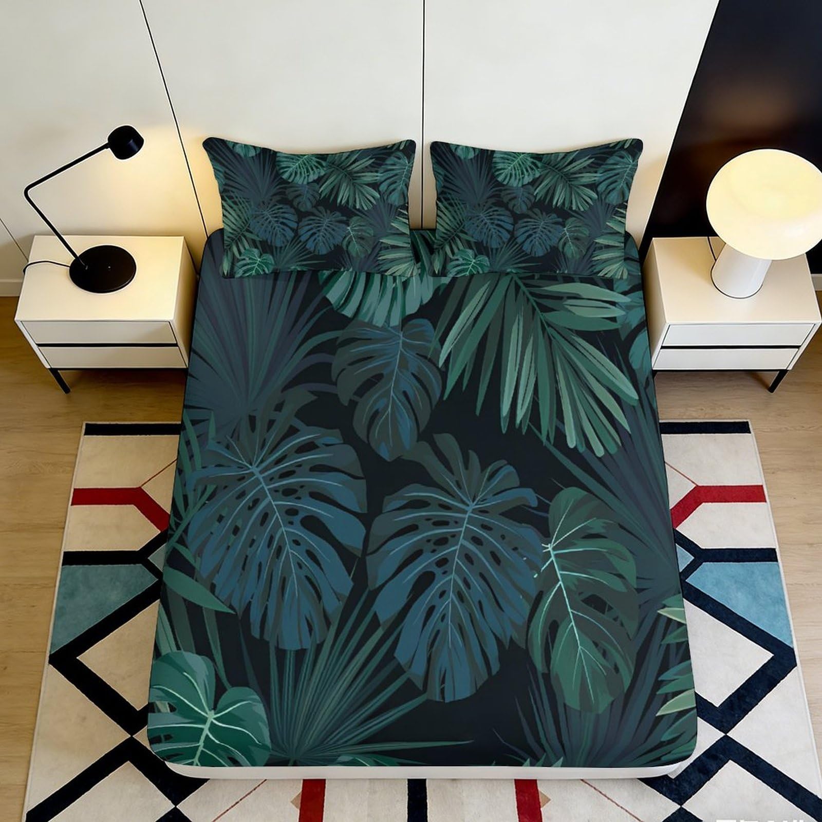 3D Printed Tropical Monstera Fitted Sheet Microfiber Breathable Jungle Leaves Mattress Cover for Bedroom Guest Room Decor 90x200x25cm