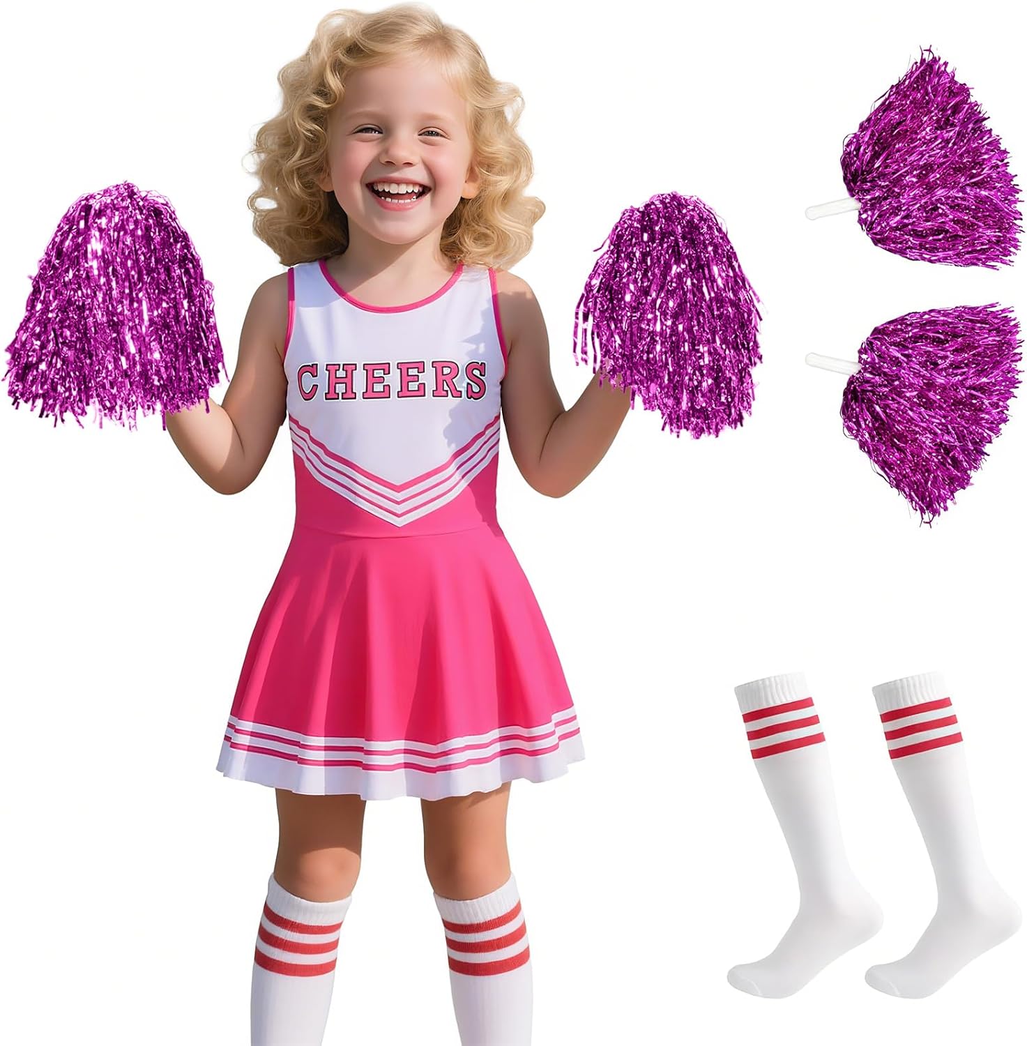 Cheerleader Costume for Girls -Cheerleader outfit for Kids Cheerleading Dress with Pom Poms for Halloween 3-12 Years