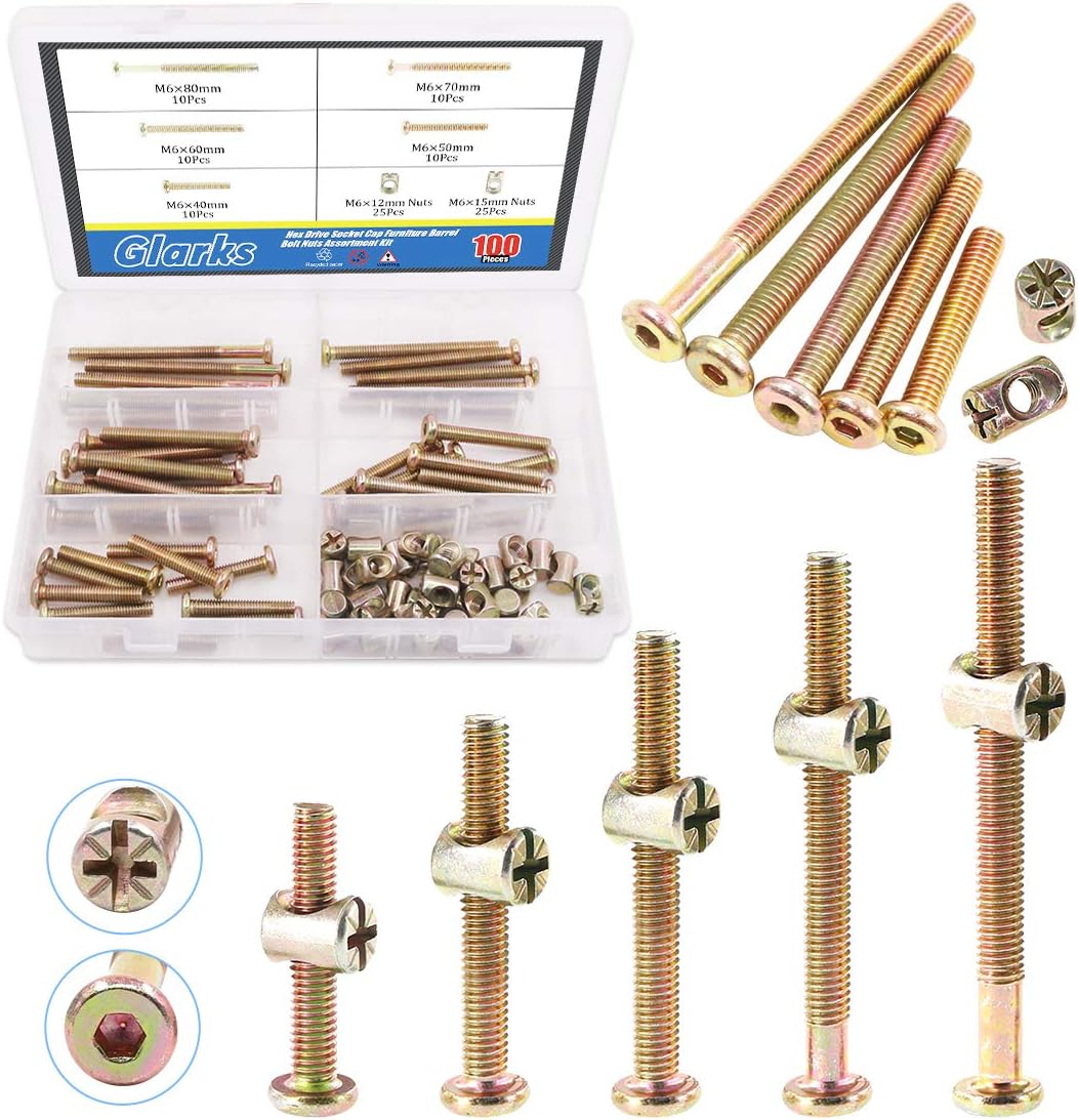 Glarks 100Pcs Zinc Plated M6 x 40/50/60/70/80mm Hex Socket Head Cap Screws Bolts Furniture Crib