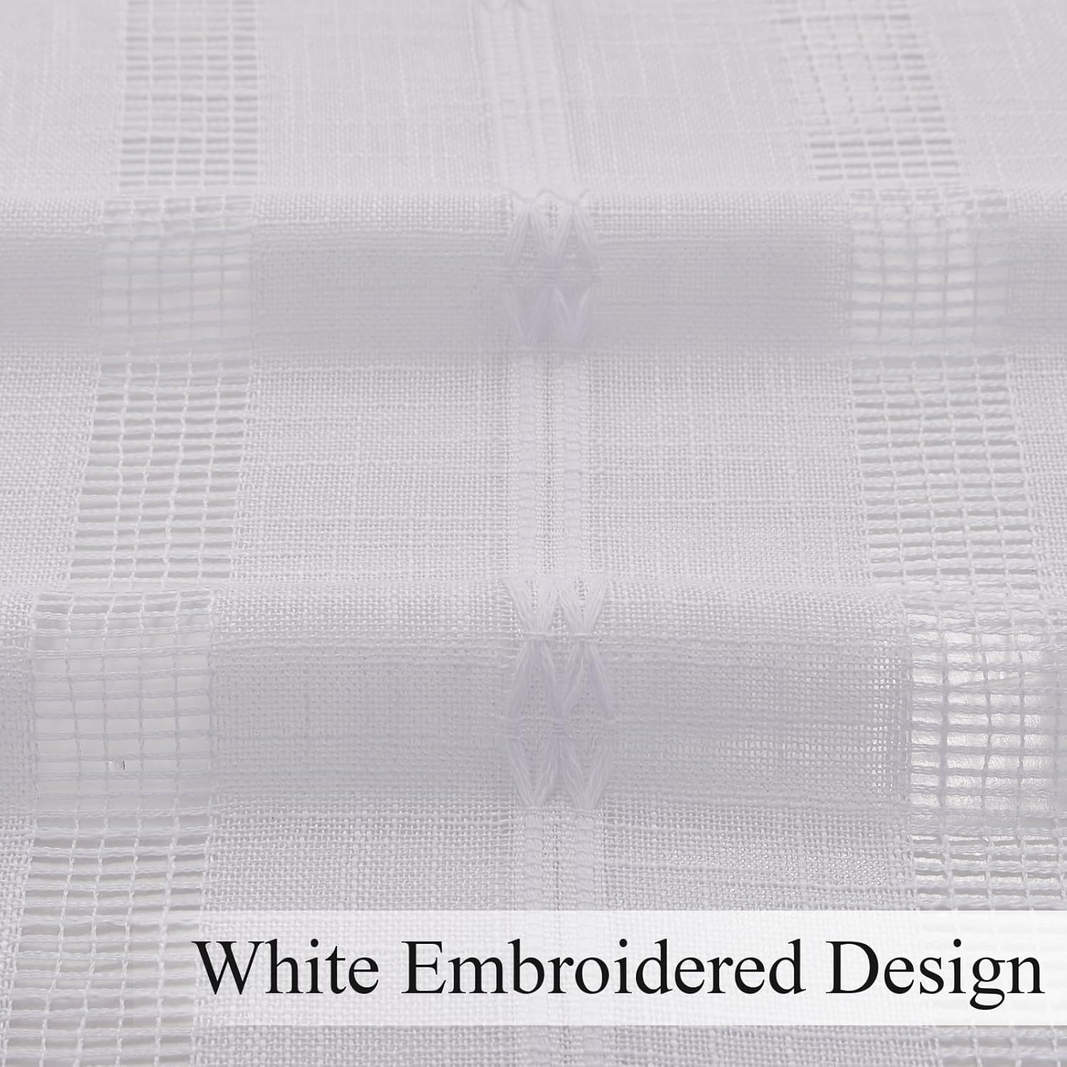 Estelar Textiler White Linen Boho Farmhouse Curtains for Sliding Door, Embroidered Curtains 96 Inches Long, Light Filtering Semi Sheer Grommet Top Drapes for Living Room/Bedroom, 52Wx96L, 2 Panels
