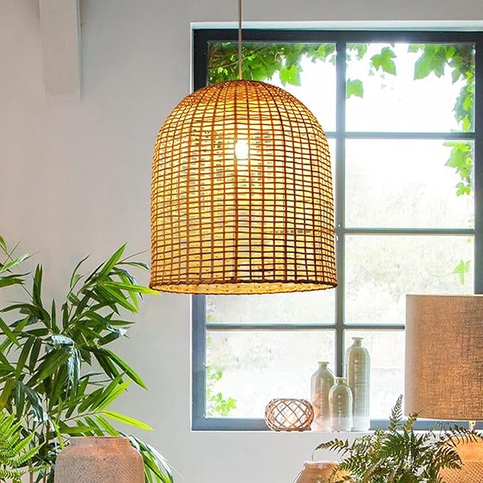 SXSGSM Rotan Kroonluchter, Open Geweven Lampenkap Cover, Japanse Stijl Rieten Hanglamp & Verstelsnoer, Handgemaakte Cane Rib Bell Lamp voor Eetkamer Woonkamer Keuken Hotel The New photo 2
