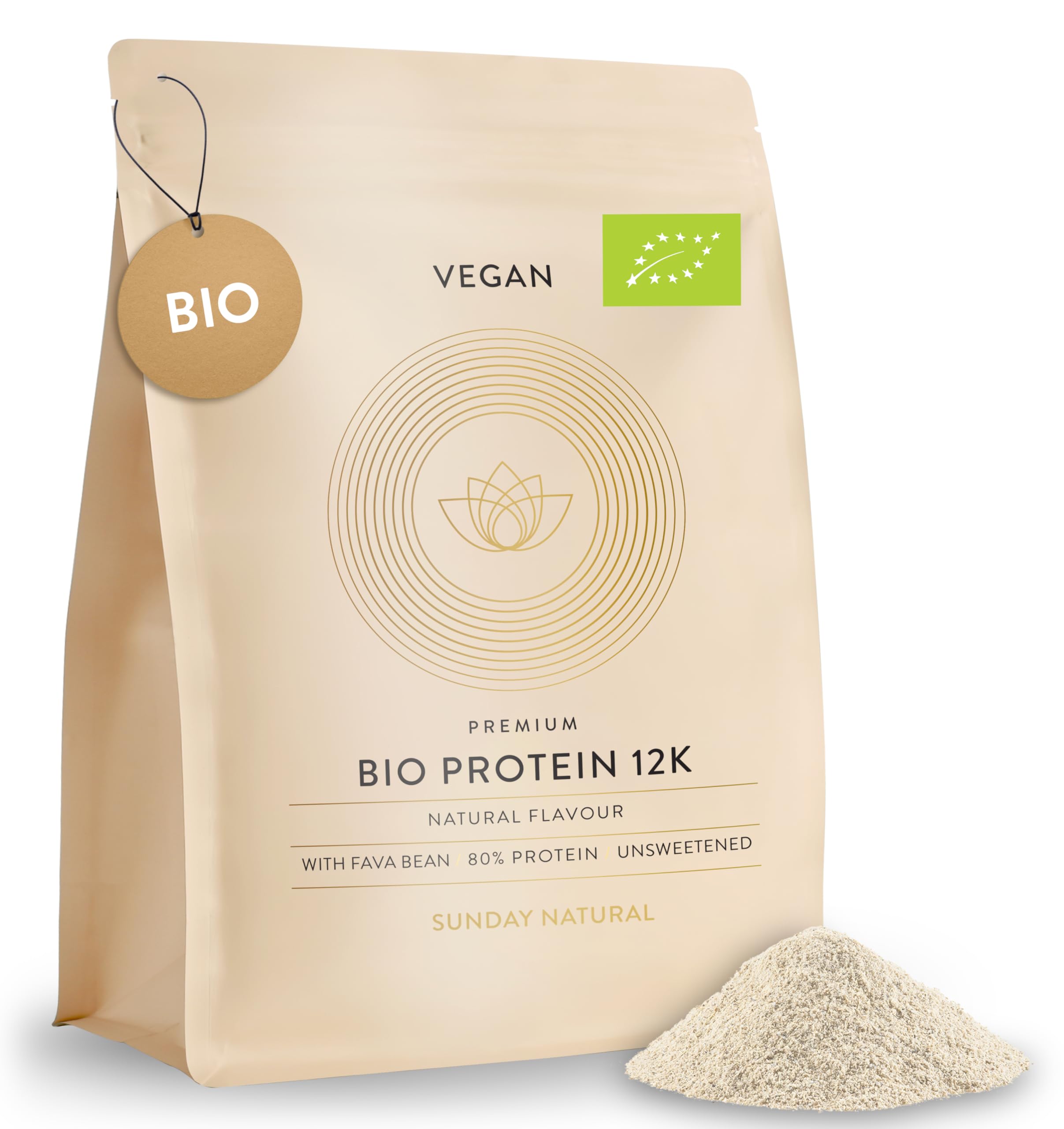 SUNDAY NATURAL® Bio Protein Pulver – 1000g – Veganes Eiweißpulver – 80% Eiweiss – 12K Proteinpulver Blend – Vollständiges EAA & BCAA Profil – Ohne Zucker & Süßstoffe – Vegan, Laborgeprüft - Natural