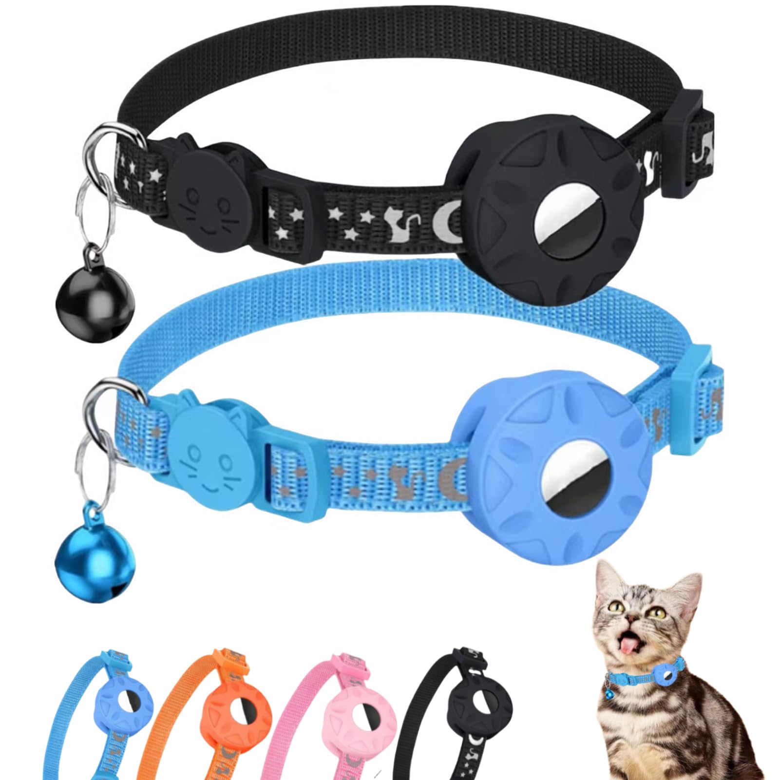 Morbuutii AirTag Cat Collar 2Pack,Breakaway Kitten Tracker with Apple AirTag Holder,Reflective Pet Collar with Bell,Cute Moon&Star Pattern Charming for Kitty Puppy and Small Animall(1Black&1Blue) โ image 1