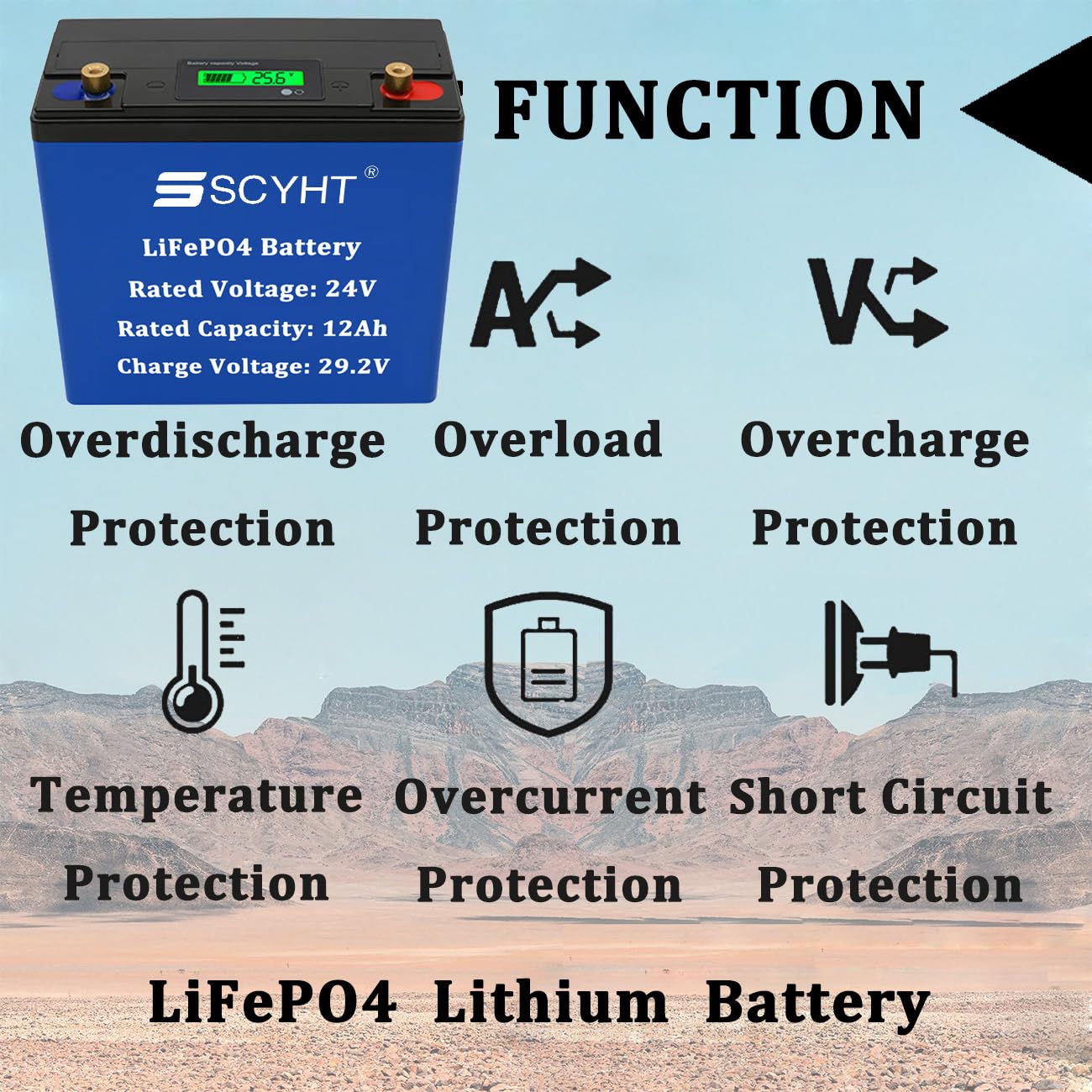 Batteria LiFePO4 24V 12Ah Batteria al litio 12Ah Batterie a ciclo profondo 24V Batterie di ricambio per pannelli solari per motore da 200W - 300W con BMS e display,24v12ah 1pack