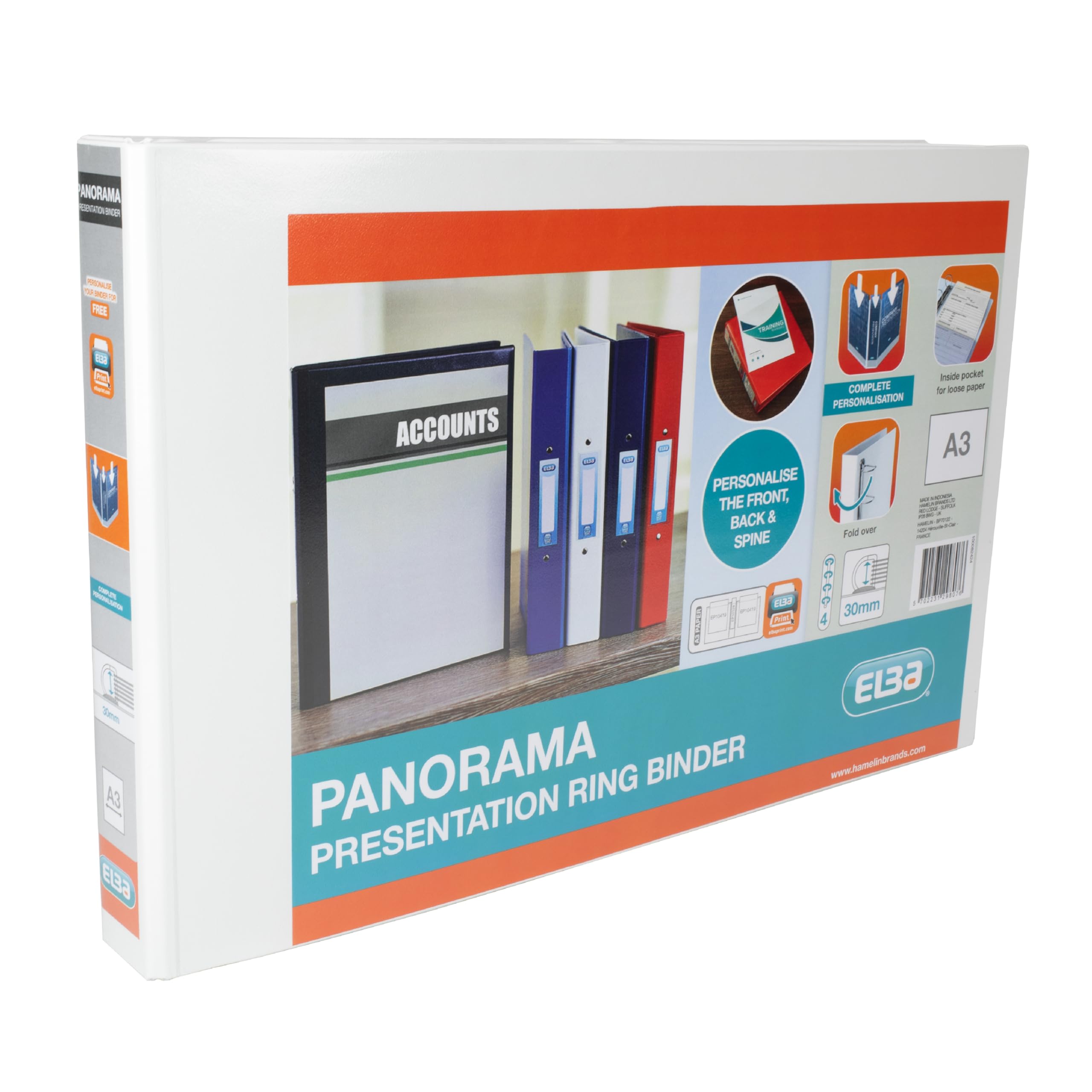 Elba A3 4 D-Ring Binder, 30mm capacity, 35mm spine, Presentation Folder with Customisable Cover, Landscape, White (Single)