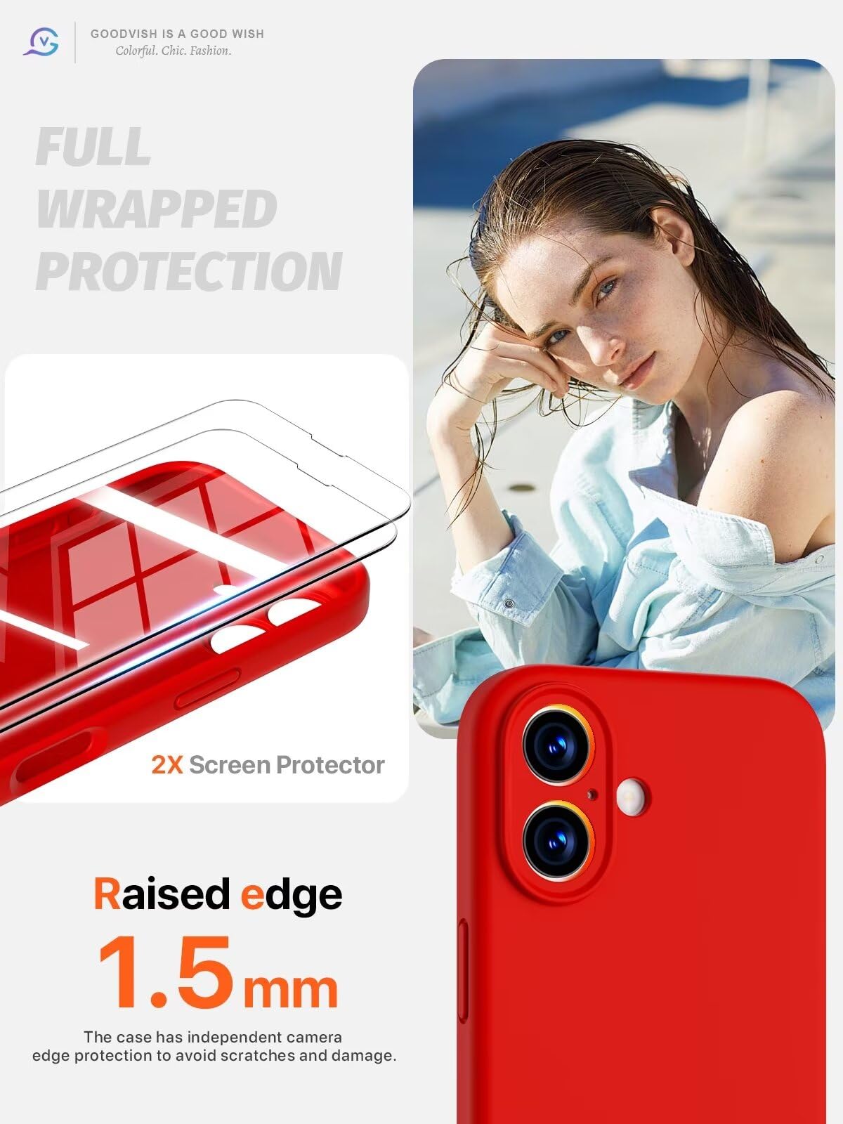 GOODVISH 3 in 1 Silicone Cover per iPhone 16 6.1", Custodia con 2 Pellicola Vetro Temperato [Protezione Fotocamera] 360° Protezione Anticaduta Case per Cellulare Antiurto Resistente, Rosso