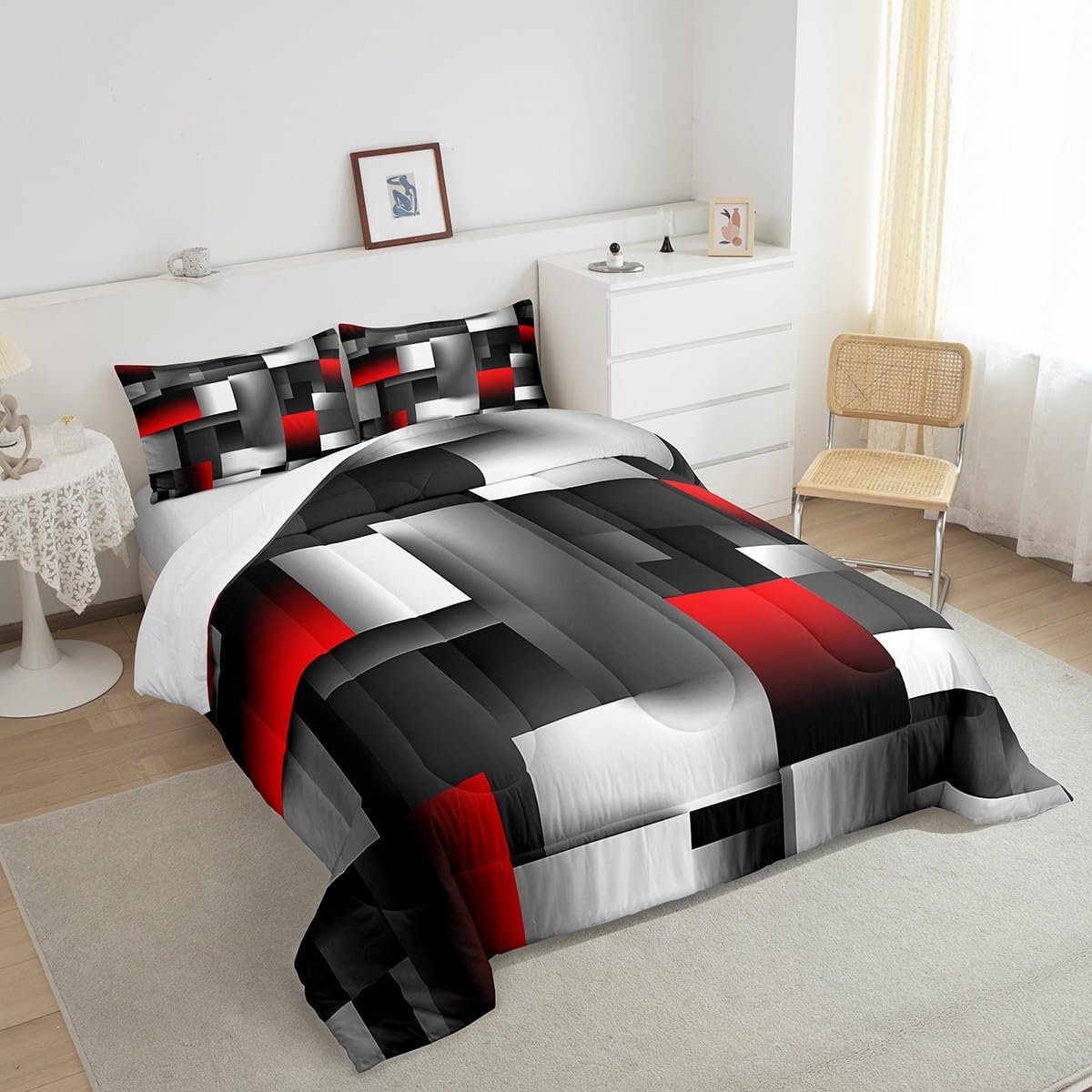 Castle Fairy Red Square Full Size Comforter Set,Gray White Grid Bedding Set for Adults Teens,Children Modern Comforter Luxury Abstract Geometric Quilt Set Room Decor 3Pcs