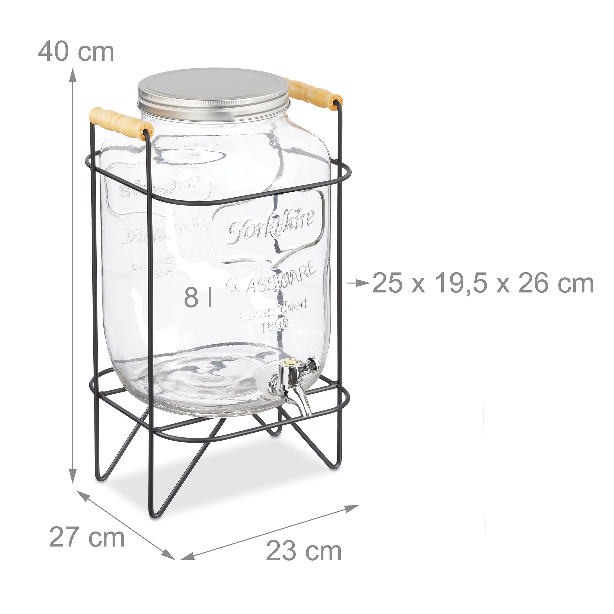 Relaxdays Distributeur de Boisson, Support, 8 litres, Robinet et Couvercle, pour Votre Limonade, Transparent et Noir