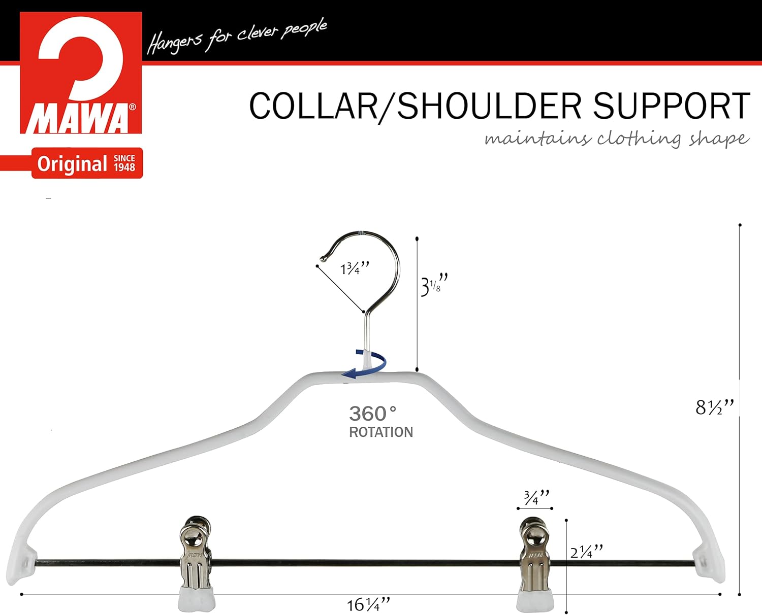 Mawa by Reston Lloyd Silhouette Series Non Slip Space Saving Hanger with Pant Clips, Style 40/FK,Set of 70, White