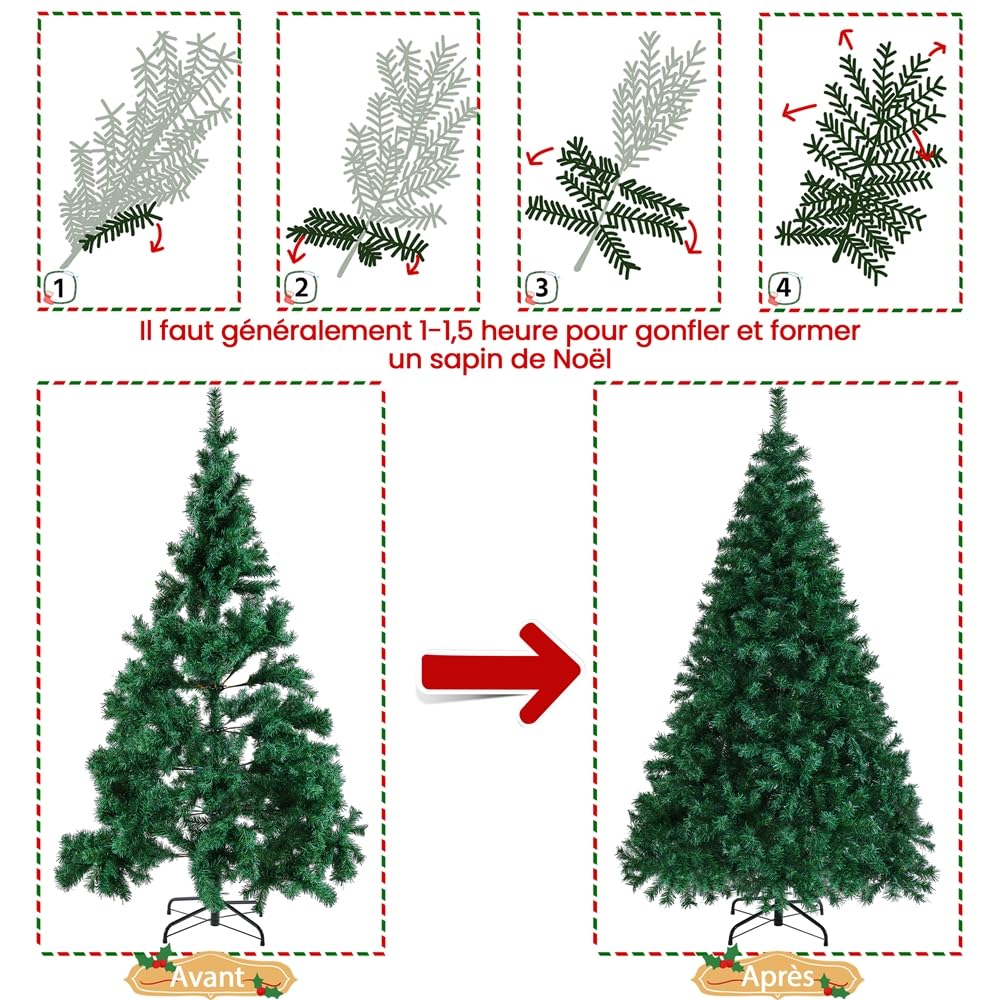 Yaheetech Sapin de Noël Artificiel 183 cm, Montage Rapide à Charnières | Arbre de Noël 1000 Branches en PVC avec Support Pliable en Métal, Pieds en Caoutchouc Antidérapants pour Maison, Bureau