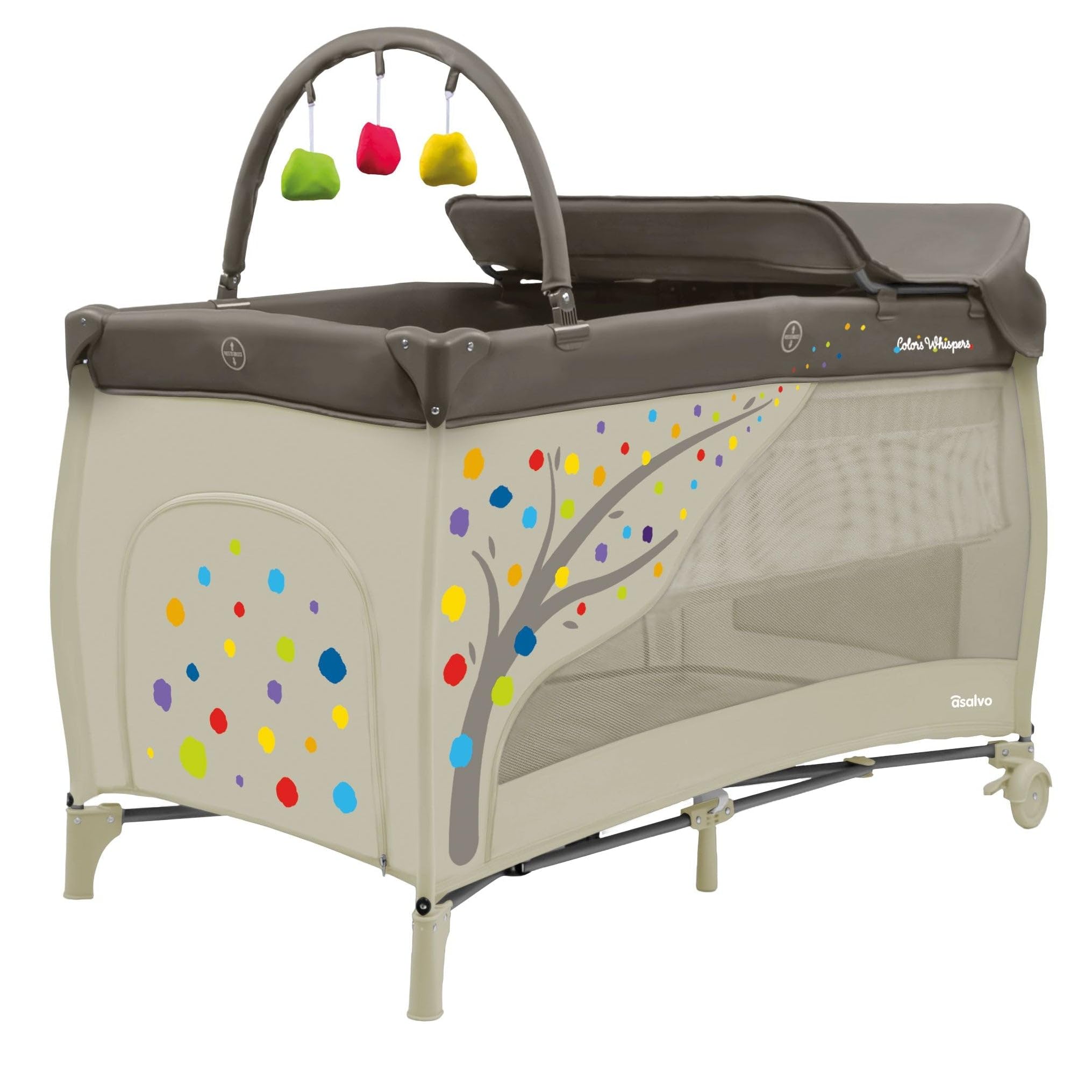 Asalvo Cuna de Viaje Completa con Doble Altura y Cambiador 0-15 kg – 120x60 cm – Plegado Compacto, Ruedas con Freno y Bolsa de Transporte (Arbol Beige)