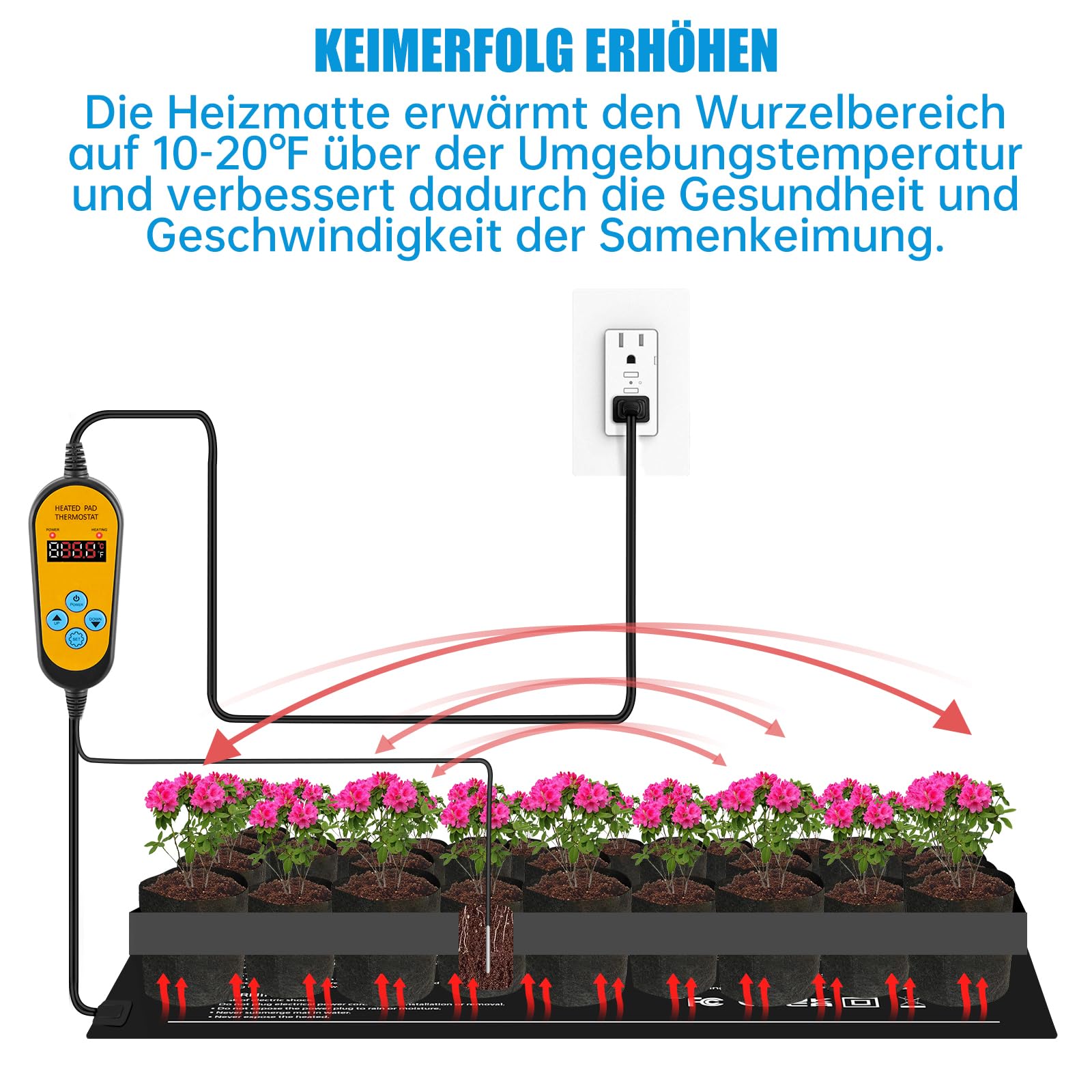 WADEO Heizmatte für Pflanzen 60 x 42 cm, Sämlinge Heizmatte Wärmematte mit Thermostat 5°C bis 45°C, Anzuchtmatte Gewächshaus Wärmematte für Setzlingskeimung, Sämling Germination, Terrarium