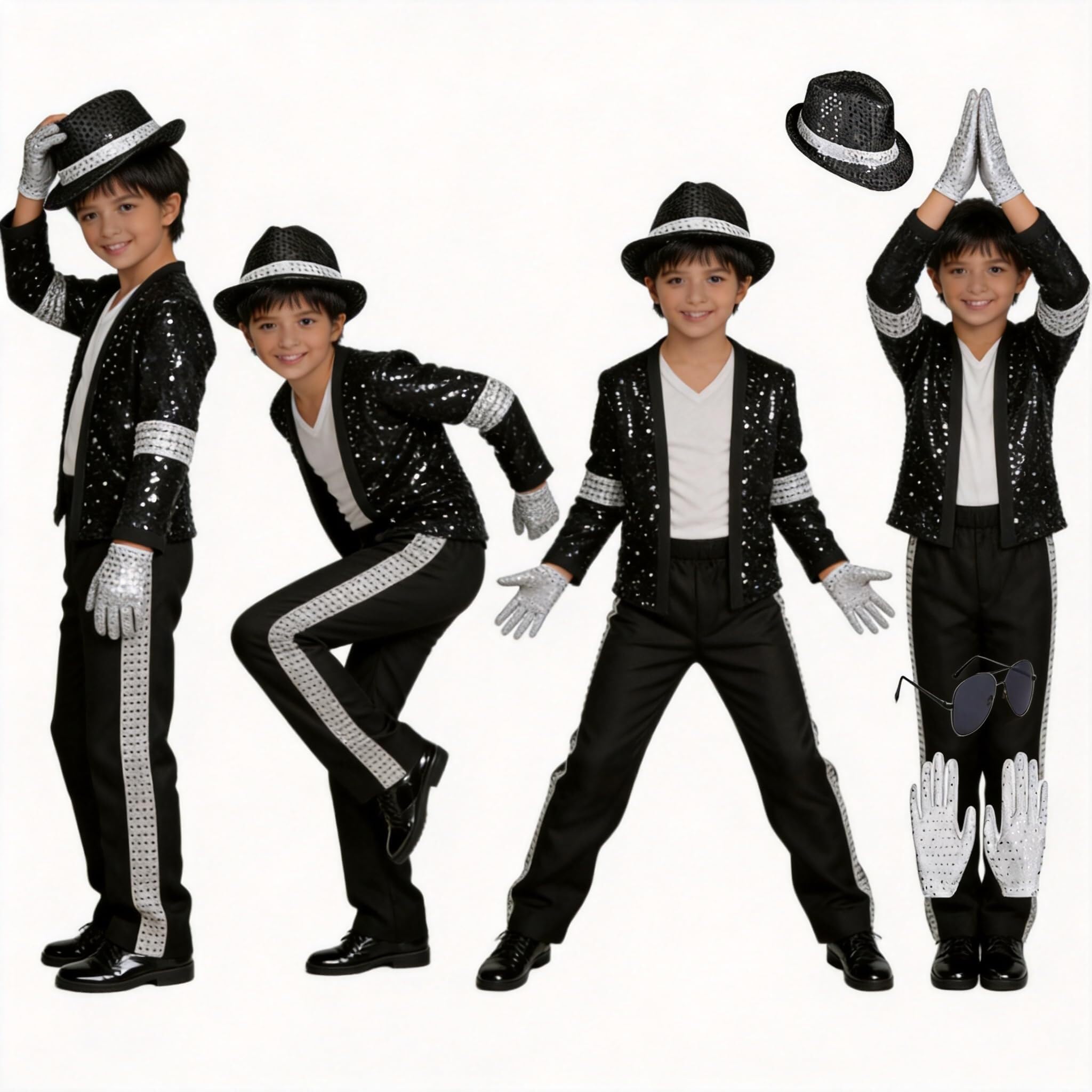 Disfraz de superestrella pop for niños, conjunto de 7 piezas, chaqueta de lentejuelas negras, pantalones, sombrero, guantes, disfraz retro de Halloween de los años 80 y 90