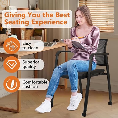Miniatura 6 de CLATINA Silla de oficina apilable con ruedas, respaldo de malla, sillas de invitados con brazos, cómodo cojín de cuero, silla de escritorio apilable