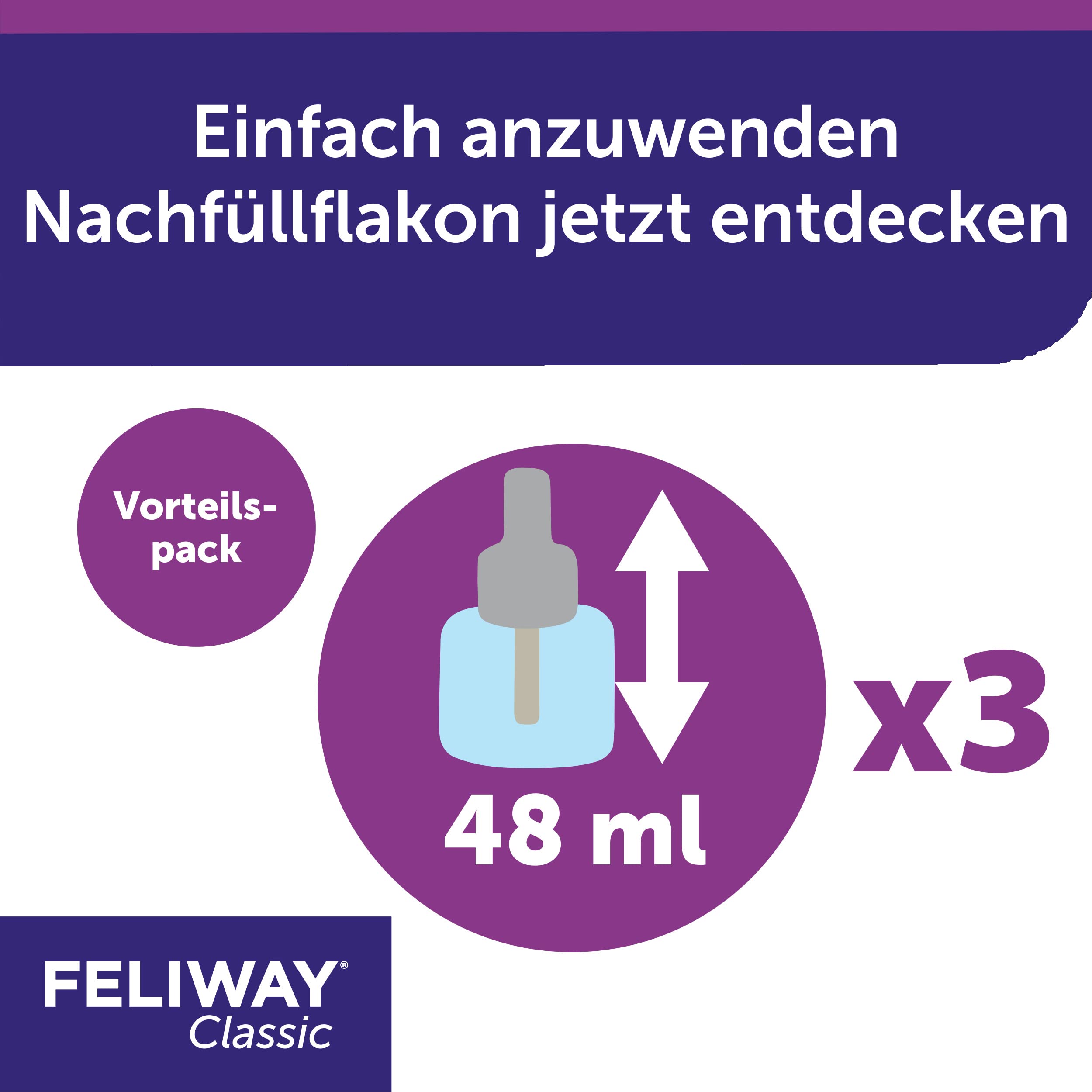 FELIWAY Classic Vorteilspack für Katzen | 3x Nachfüllflakon (neu) | Pheromone zur Reduktion von Stressverhalten | kontinuierliche Entspannung für Ihre Katze | 3x 48ml