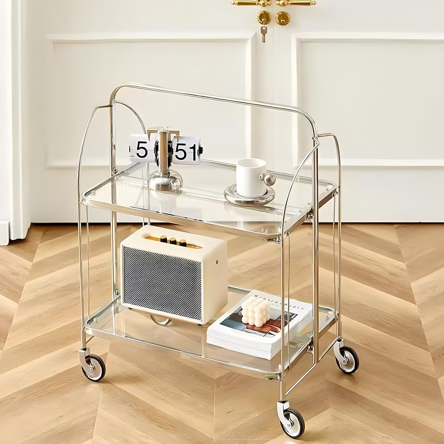 Chariot à roulettes à 2 niveaux et desserte de cuisine en verre trempé
