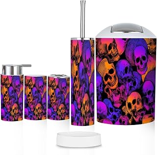 Bathroom Accessory Set 6 Piece Seamless Human Skulls Gradient Fill Bright Trend Colors Purple Trash can, Toothbrush Holder, Soap Dispenser, Soap Dish, Toothbrush Cup, Toilet Brush Holder