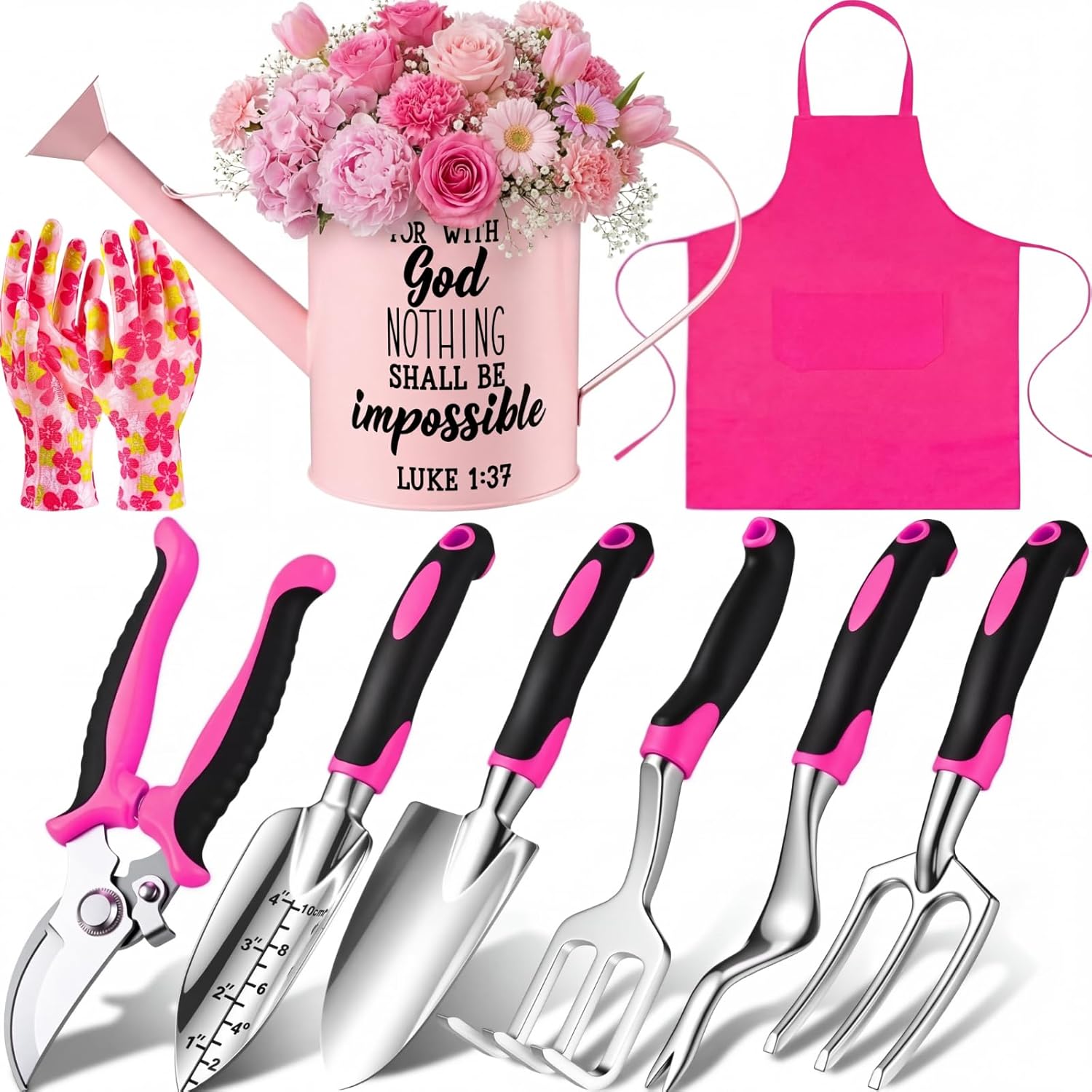 9 Pcs Garden Tools Set Gardening Gifts for Women Include 6 Heavy Duty Garden Hand Tools 1. 6L Christian Galvanized Metal Watering Can Apron Gloves Ideal Gifts for Women Mom Grandma(Pink)