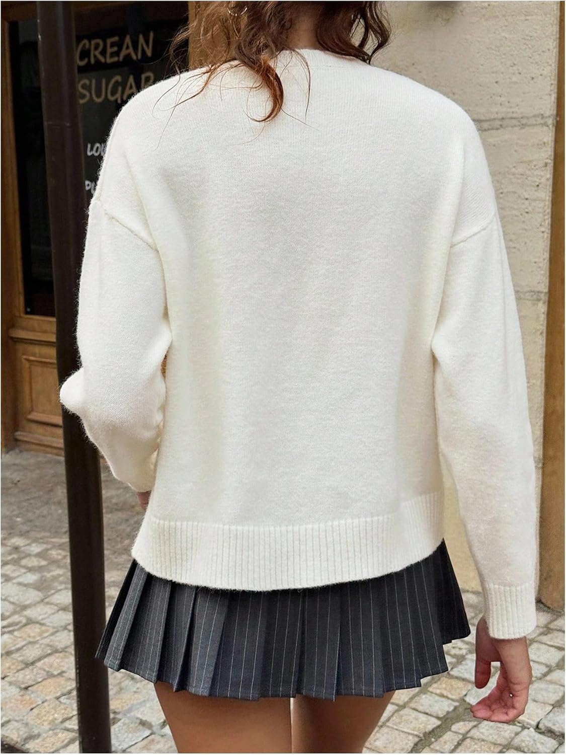 OYOANGLE Women's Bow Sweater Long Sleeve Crewneck Drop Shoulder Knit Pullover Tops Coquette Sweaters White Medium - Image 3