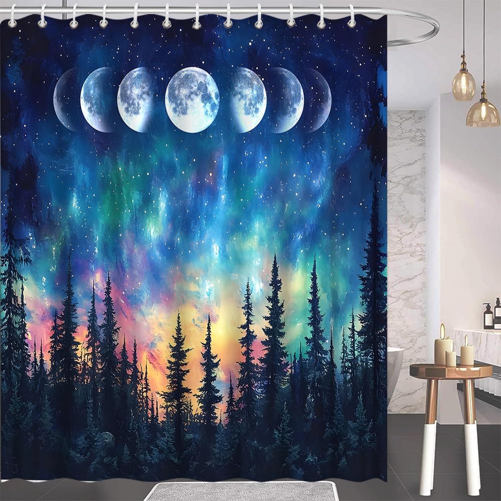 Moon Phase Forest Shower Curtain Magic Aurora Starry Pine Tree Romantic Aurora Outdoor Natural Night Wonderland Bath Decor Polyester Fabric Curtains 106X70 Inch