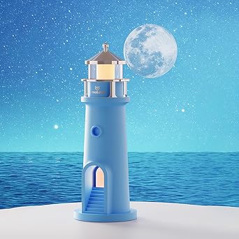 AVEKI Lighthouse Night Light, Cute Moon Projection Lighthouse Lamp with Bluetooth Speaker, 3 Levels Dimmable Wireless Table Lamp for Room Decor, Rechargeable Led Night Light Unique Gift Blue